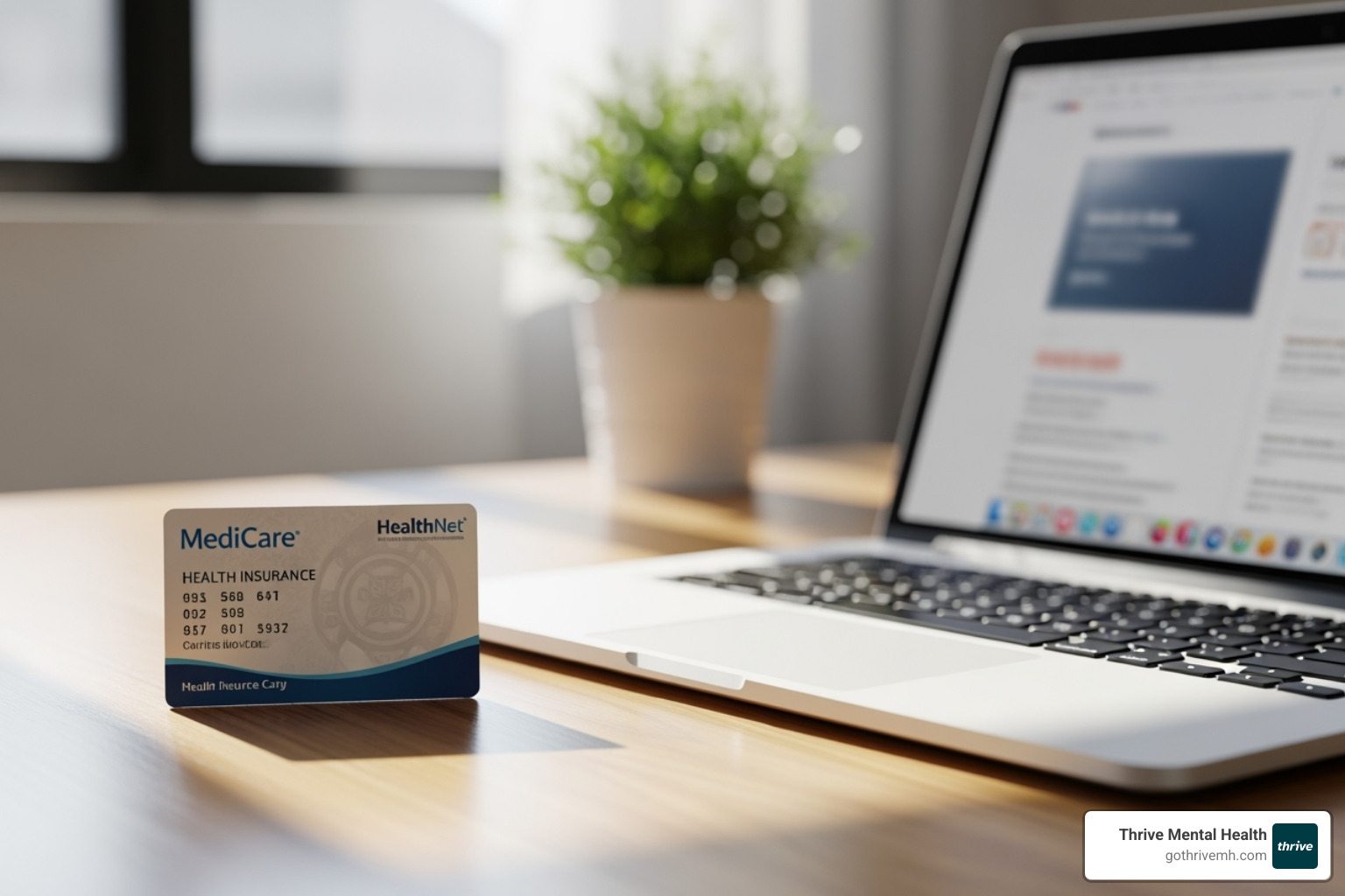 A health insurance card next to a laptop. - outpatient therapy online