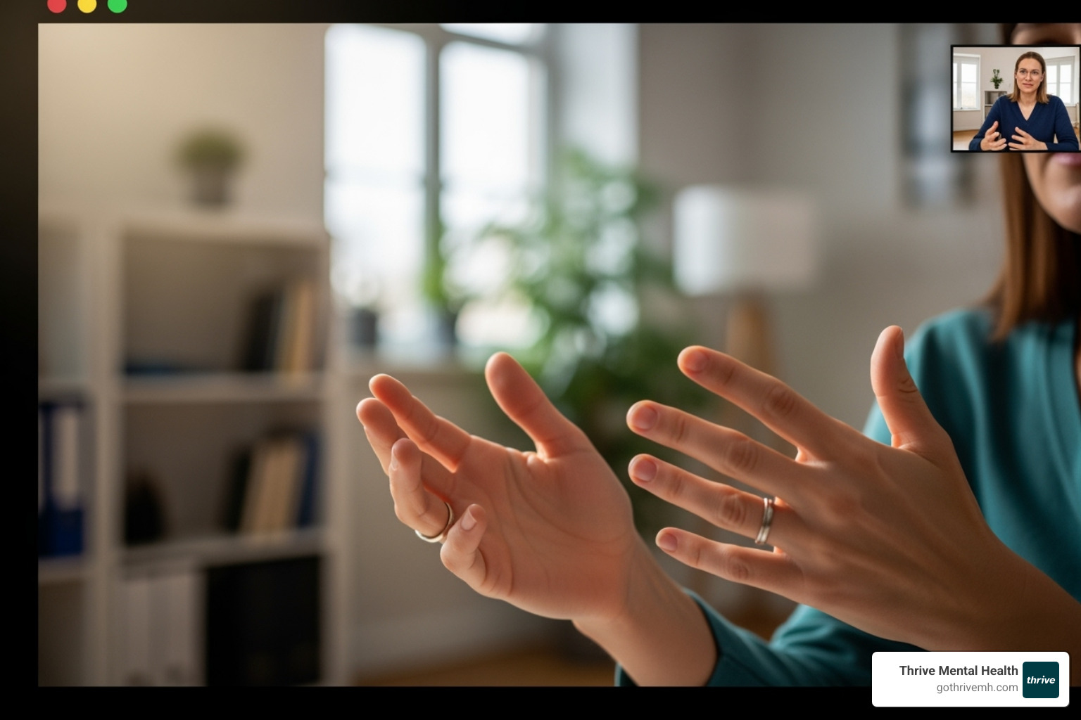 Therapist's hands gesturing during a video call, symbolizing guidance - online couples therapy Therapist's hands gesturing during a video call, symbolizing guidance - online couples therapy
