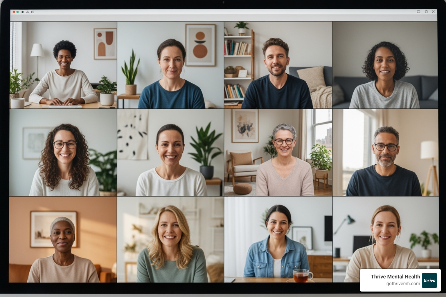 A diverse group of people in a grid view on a video call, engaged in a group therapy session. - outpatient therapy online