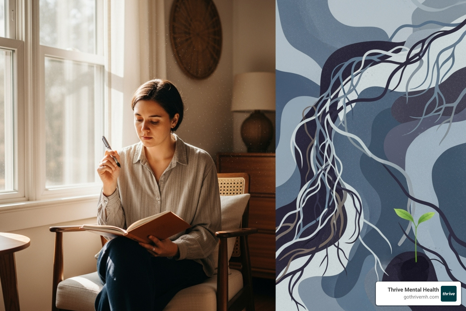 A person journaling thoughtfully, with icons representing anxiety, depression, and stress around them. - outpatient therapy online