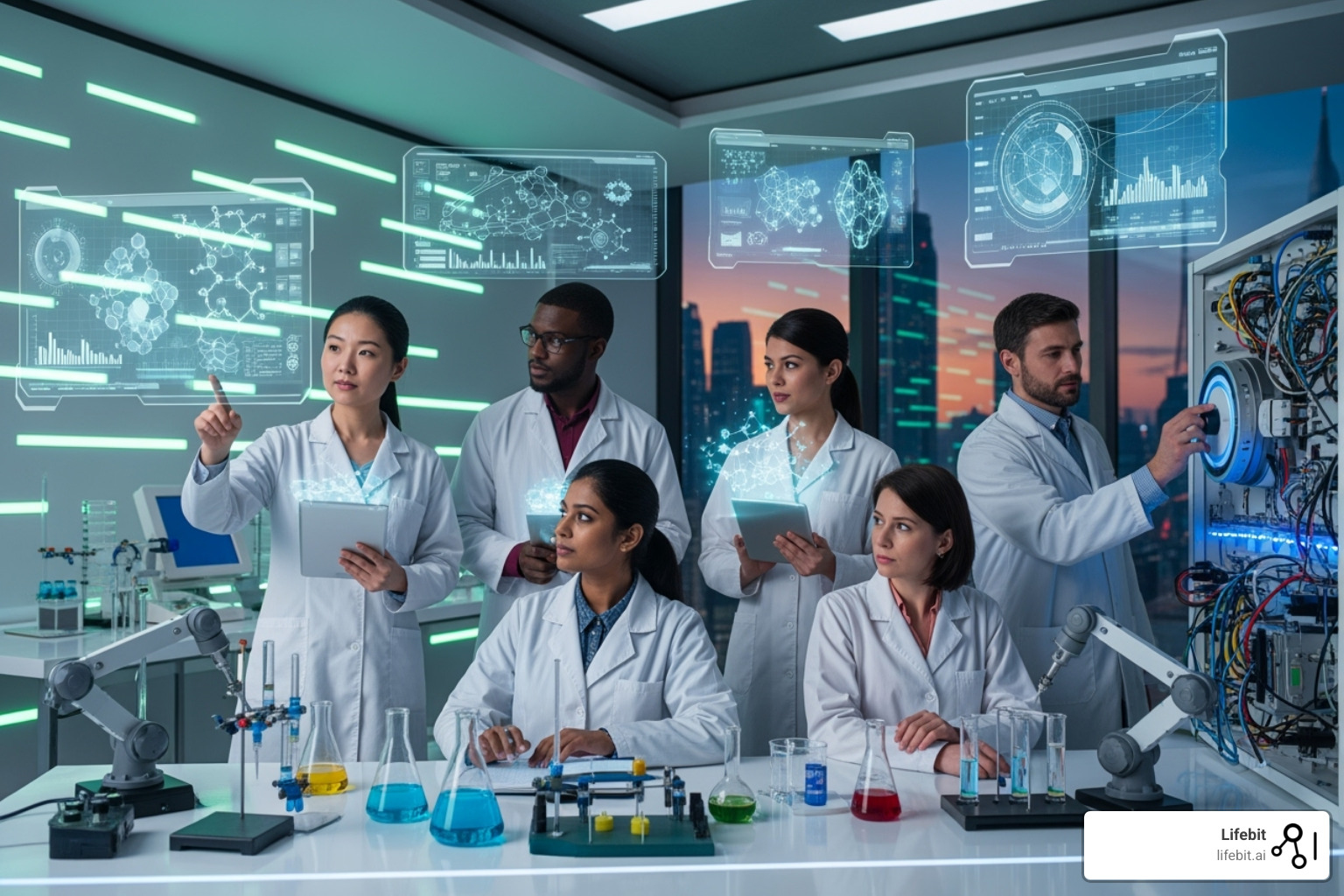 Diverse scientists collaborating in a futuristic lab setting - london biotech network