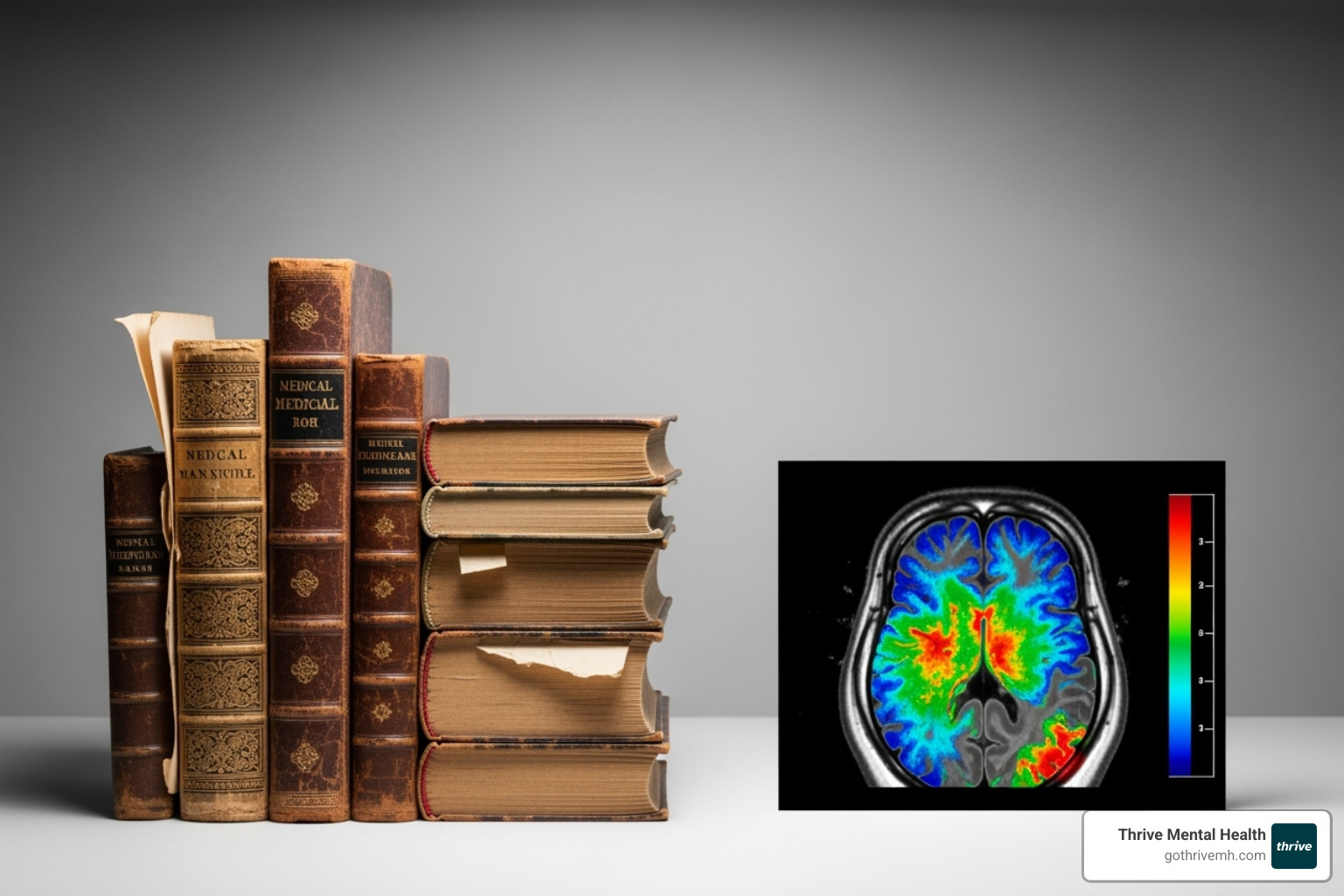 Historical medical books contrasted with modern brain scan imagery, symbolizing the evolution of autism understanding over time - autism awareness month