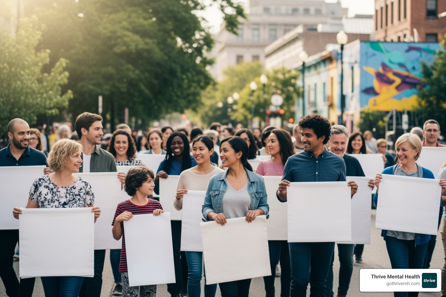 People participating in a community walk for autism acceptance, holding banners and smiling - autism awareness month