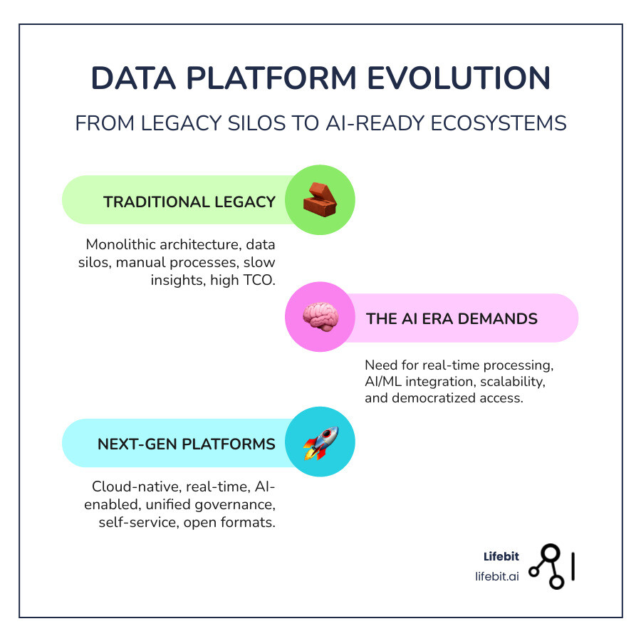 Evolution from traditional data warehouses showing monolithic legacy systems with data silos and manual processes changing into modern federated platforms with real-time processing, AI integration, cloud-native architecture, and unified governance across distributed environments - next generation data platform infographic infographic-line-3-steps-colors