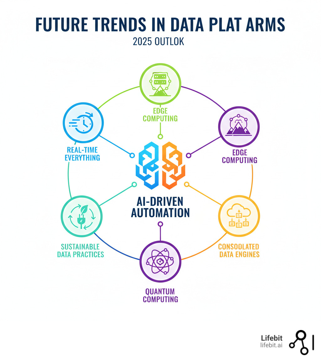 An infographic showing future trends in data platforms including AI-driven automation, real-time everything, edge computing, quantum computing, and sustainable data practices - next generation data platform infographic 