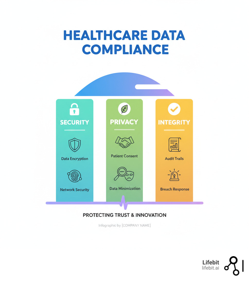 Infographic showing the essential pillars of healthcare data compliance including Security (data encryption, access controls, network security), Privacy (patient consent, data minimization, anonymization), and Integrity (audit trails, data quality, breach response protocols) - Healthcare data compliance infographic 