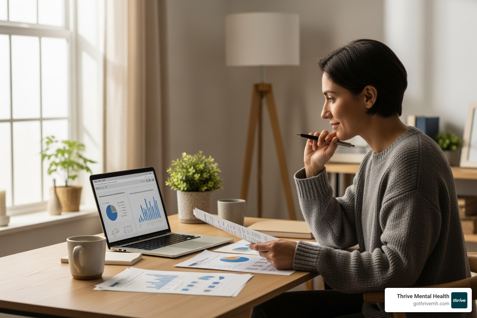 A person with a thoughtful expression, reviewing documents and a laptop, symbolizing financial planning and understanding insurance benefits for mental health care. - emdr therapist