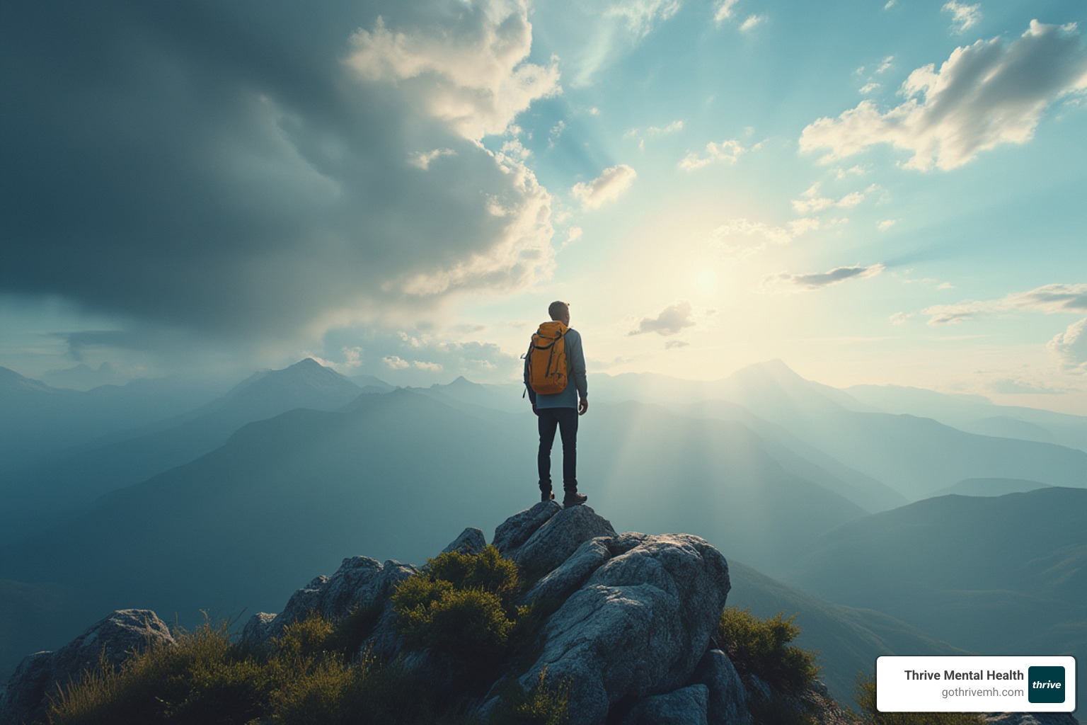 A person standing on a mountain peak, looking out at a clear, bright sky after a storm, symbolizing relief and overcoming challenges. - emdr therapist