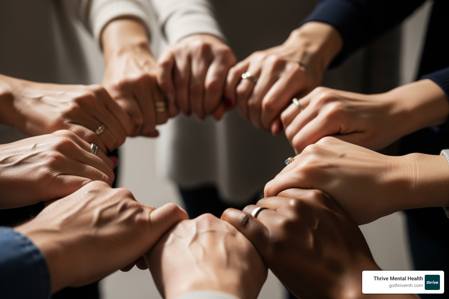 Diverse hands of people of different ages and backgrounds are linked together, forming a circle, symbolizing collective support and community strength in healing from trauma. - childhood trauma