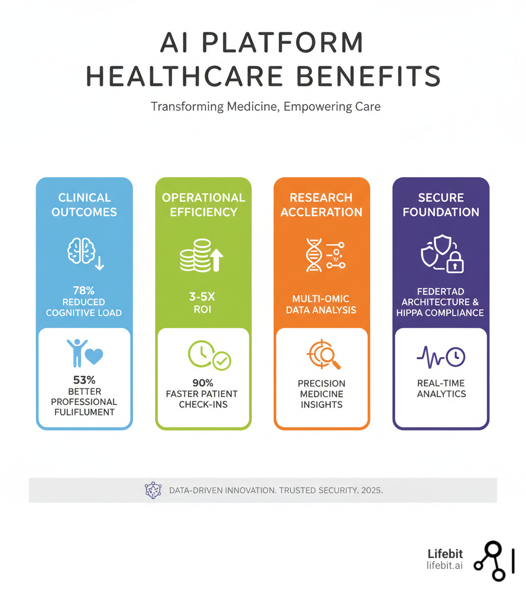 Comprehensive infographic showing AI platform healthcare benefits: clinical outcomes improvement through 78% reduced cognitive load and 53% better professional fulfillment, operational efficiency gains via 3-5x ROI and 90% faster patient check-ins, research acceleration with multi-omic data analysis and precision medicine insights, all built on secure federated architecture with HIPAA compliance and real-time analytics - AI platform healthcare infographic 