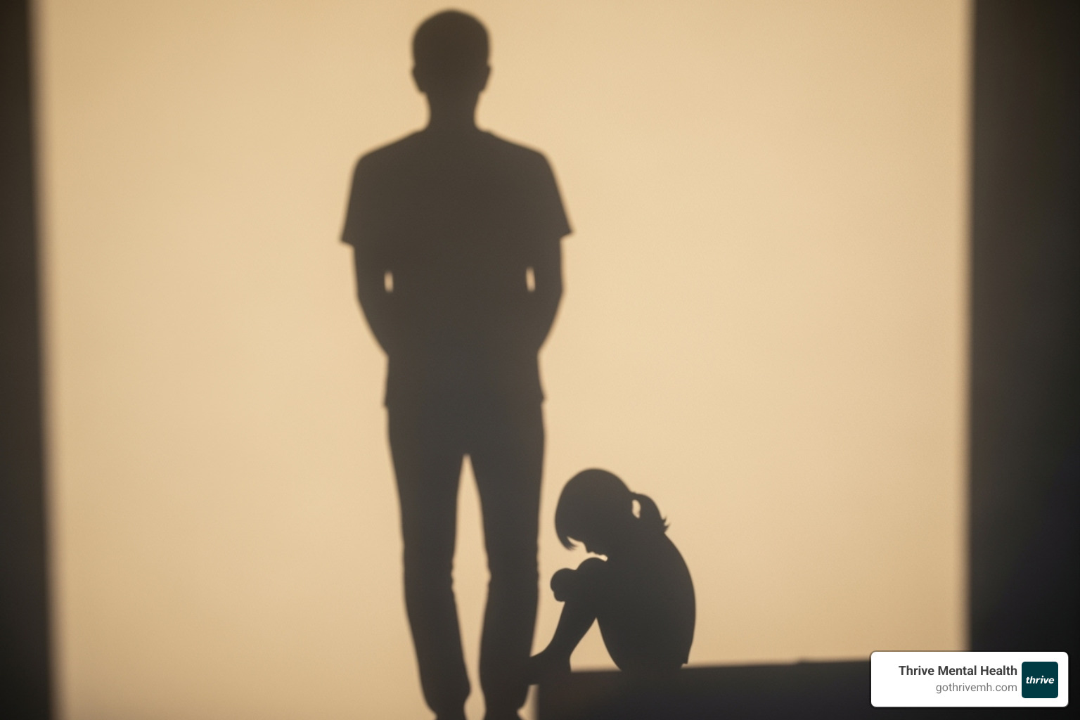 An adult's shadow on a wall is subtly shaped like a small, cowering child, visually representing how childhood trauma continues to influence adult life and behavior. - childhood trauma