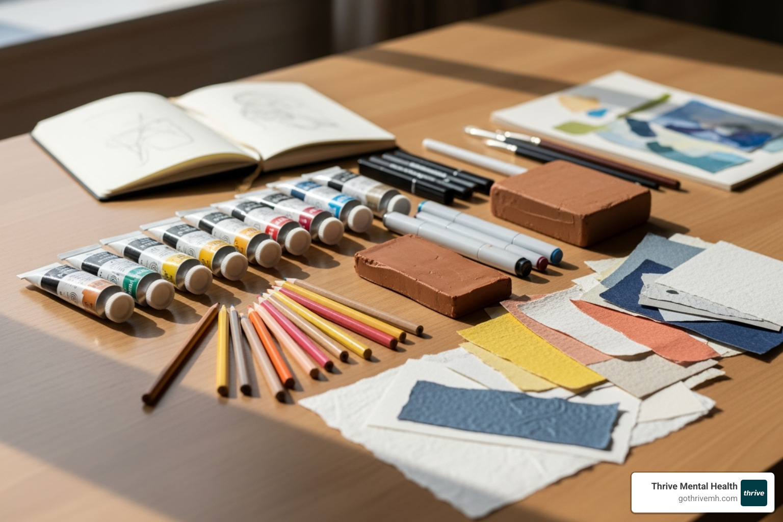 Various art supplies, including tubes of paint, colored pencils, markers, a block of clay, and pieces of colorful paper for collage, arranged neatly on a wooden table. - art therapy for teenagers with behavioral issues