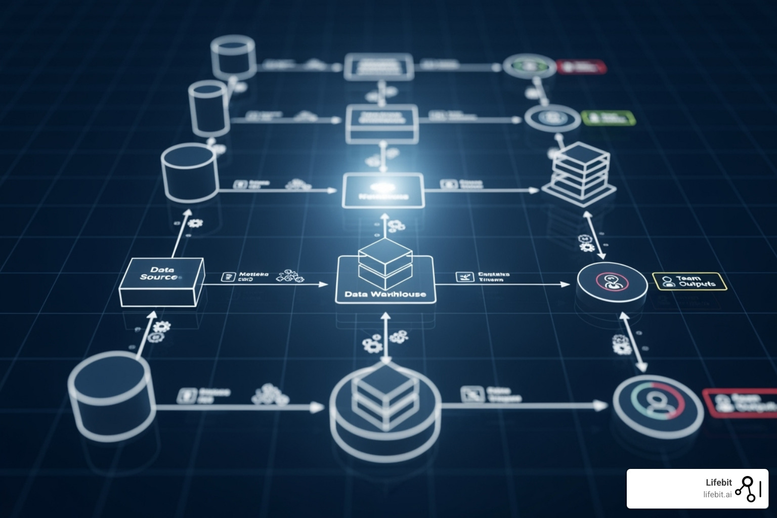 A detailed data lineage graph showing the flow of data from various sources (e.g., CRM, ERP, IoT) through different processing stages (ingestion, cleaning, change) in a data lakehouse, leading to curated datasets, data warehouses, and finally to BI dashboards and ML models. Each stage shows metadata, changes, and responsible teams. - Data lakehouse governance A detailed data lineage graph showing the flow of data from various sources (e.g., CRM, ERP, IoT) through different processing stages (ingestion, cleaning, change) in a data lakehouse, leading to curated datasets, data warehouses, and finally to BI dashboards and ML models. Each stage shows metadata, changes, and responsible teams. - Data lakehouse governance