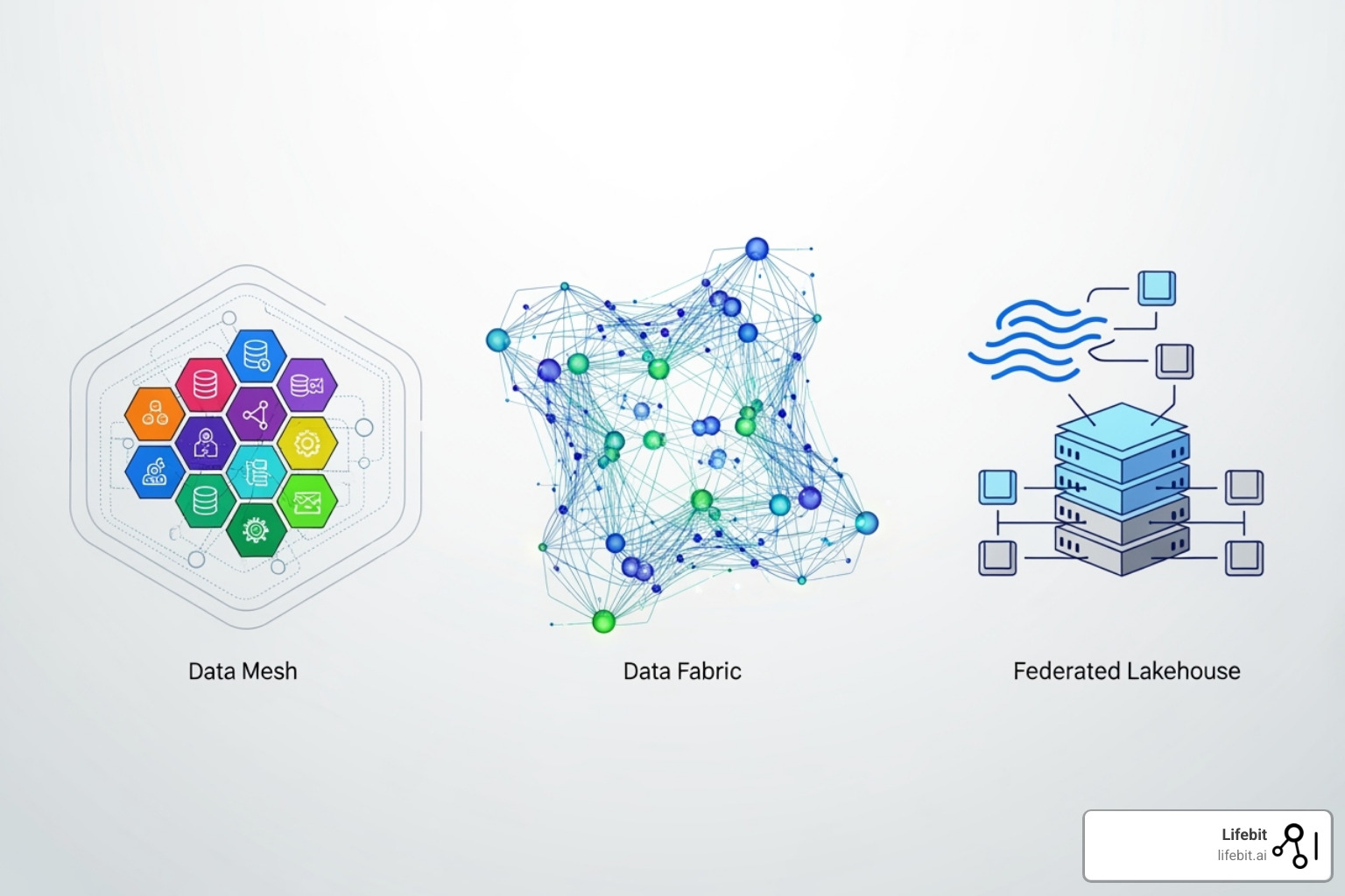 An image illustrating the concepts of Data Mesh as decentralized, domain-owned data products, Data Fabric as an intelligent, interconnected data layer, and a Federated Lakehouse combining the best of data lakes and warehouses with distributed data access - next generation data platform