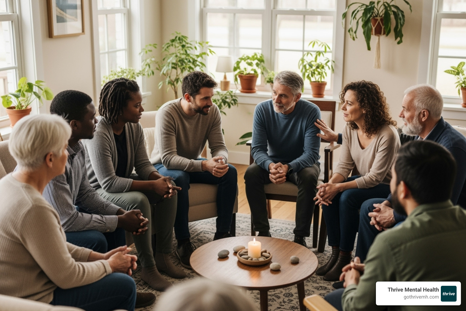 Supportive group of friends/community meeting. Alt text: "Peer support in a mental health recovery program." - mental health recovery program Supportive group of friends/community meeting. Alt text: "Peer support in a mental health recovery program." - mental health recovery program