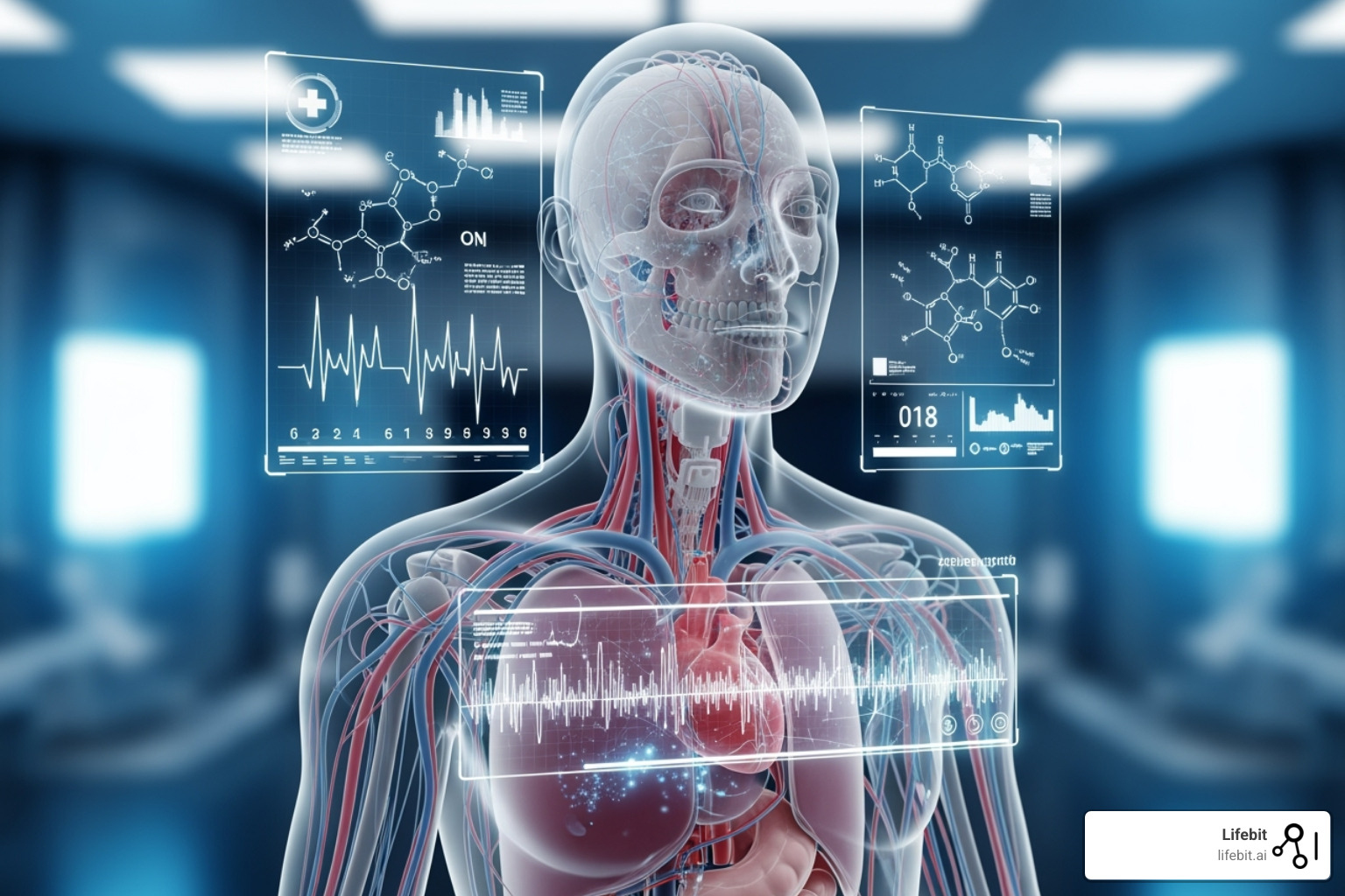 Digital twin human avatar with data overlays, representing personalized treatment and simulated drug effects - AI for clinical research