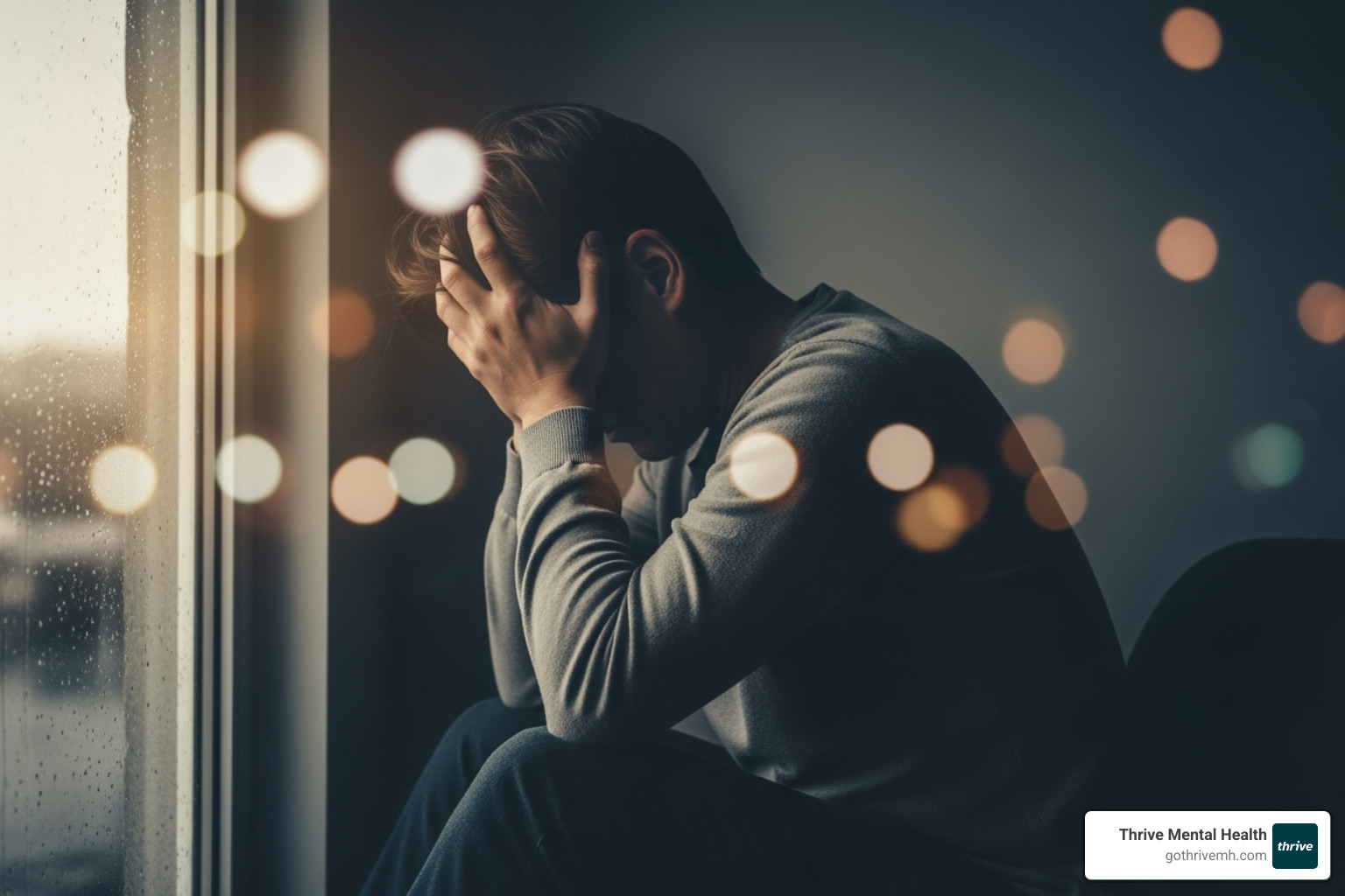 A person sitting alone, looking distressed, with blurred lights in the background, symbolizing the internal struggle of a mental health crisis - crisis intervention mental health services