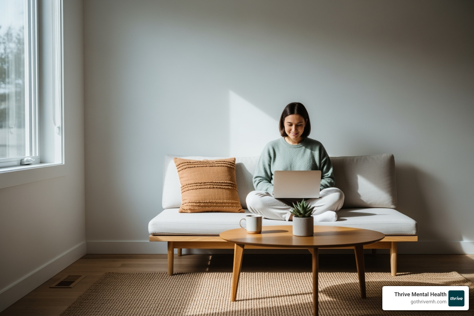 A person sitting comfortably at home, using a laptop to research mental health resources, with natural light and a calm setting - crisis intervention mental health services