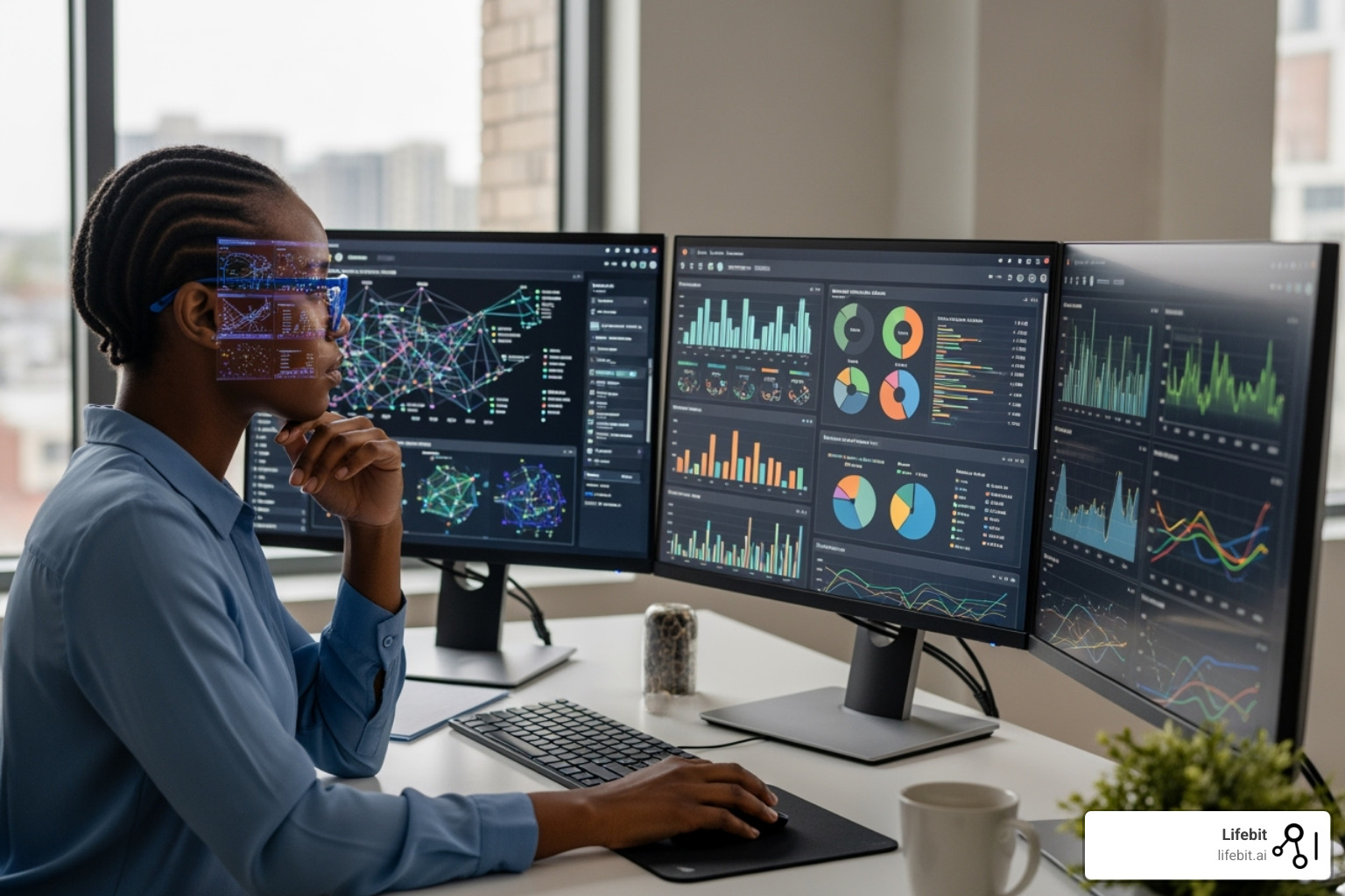 Health data analyst working on a complex data visualization dashboard, with charts and graphs on multiple screens - Health data analytics