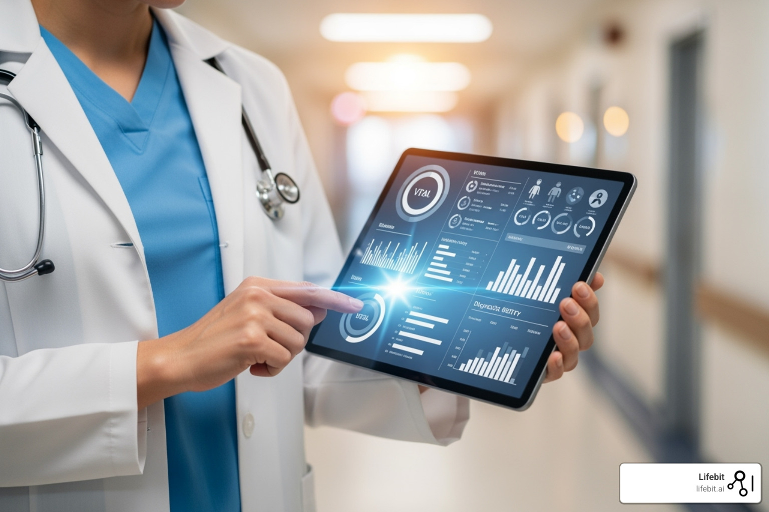A medical professional looking at a tablet displaying patient data and insights, with a blurred background of a hospital corridor, symbolizing data-driven healthcare decisions - Health data analytics