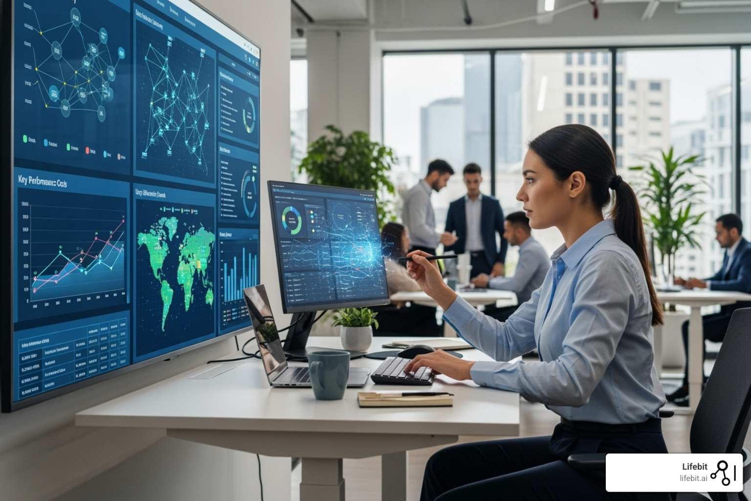 A health data analyst in a modern, collaborative office environment, looking at a screen with complex data models and charts, suggesting focused and impactful work - Health data analytics