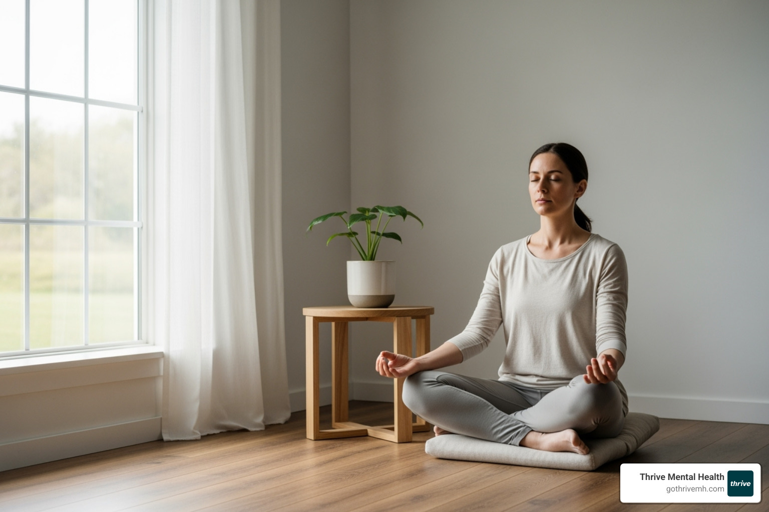 Person meditating calmly in a serene home environment, symbolizing peace and recovery. - online iop program