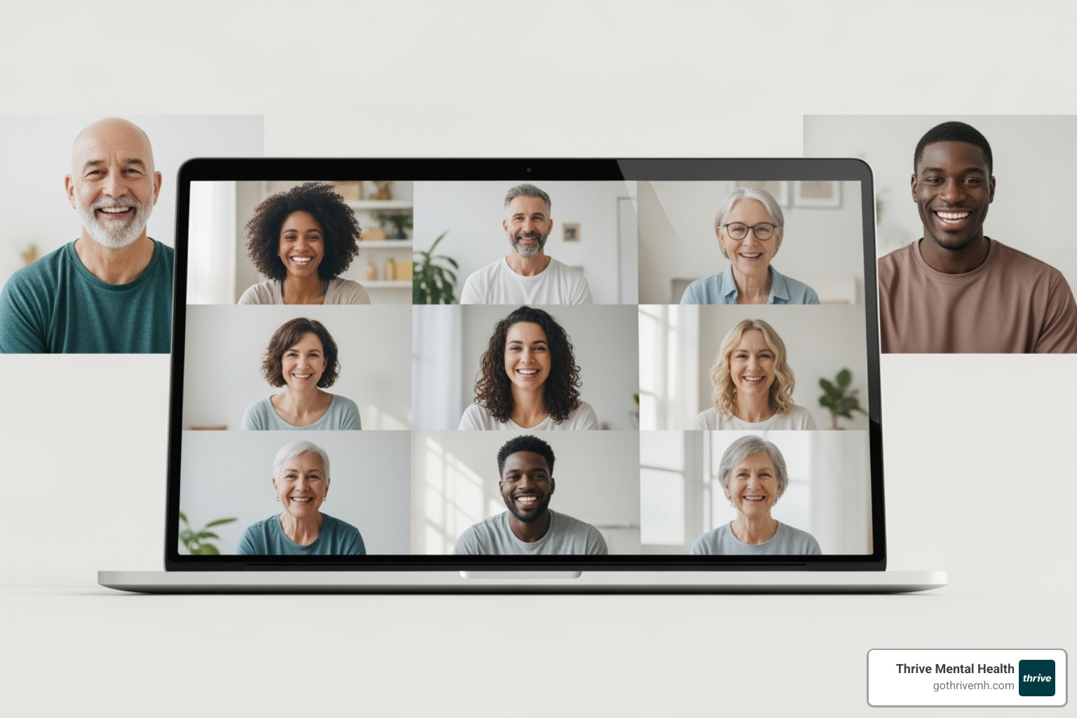 Diverse group of people in a grid-view on a laptop screen, representing a virtual group therapy session. - online iop program