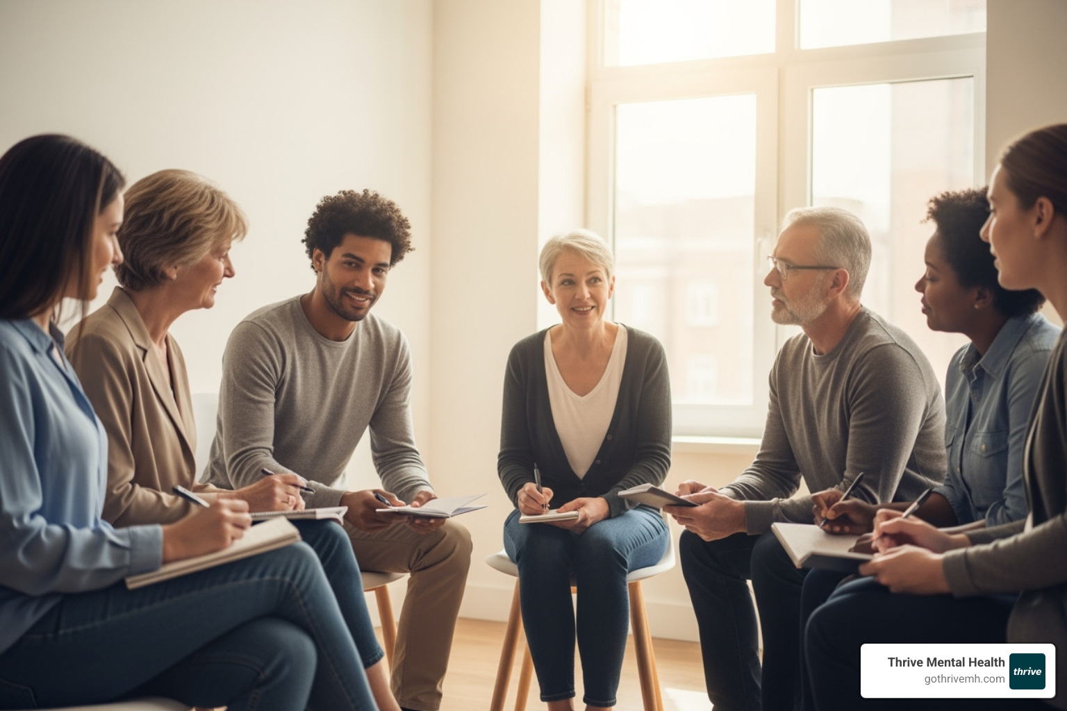 A diverse group of adults and young professionals participating in a therapy session, seated comfortably in a bright, minimalist room with natural light. They are engaged in discussion, some taking notes, others listening attentively. - what is mentalization based therapy