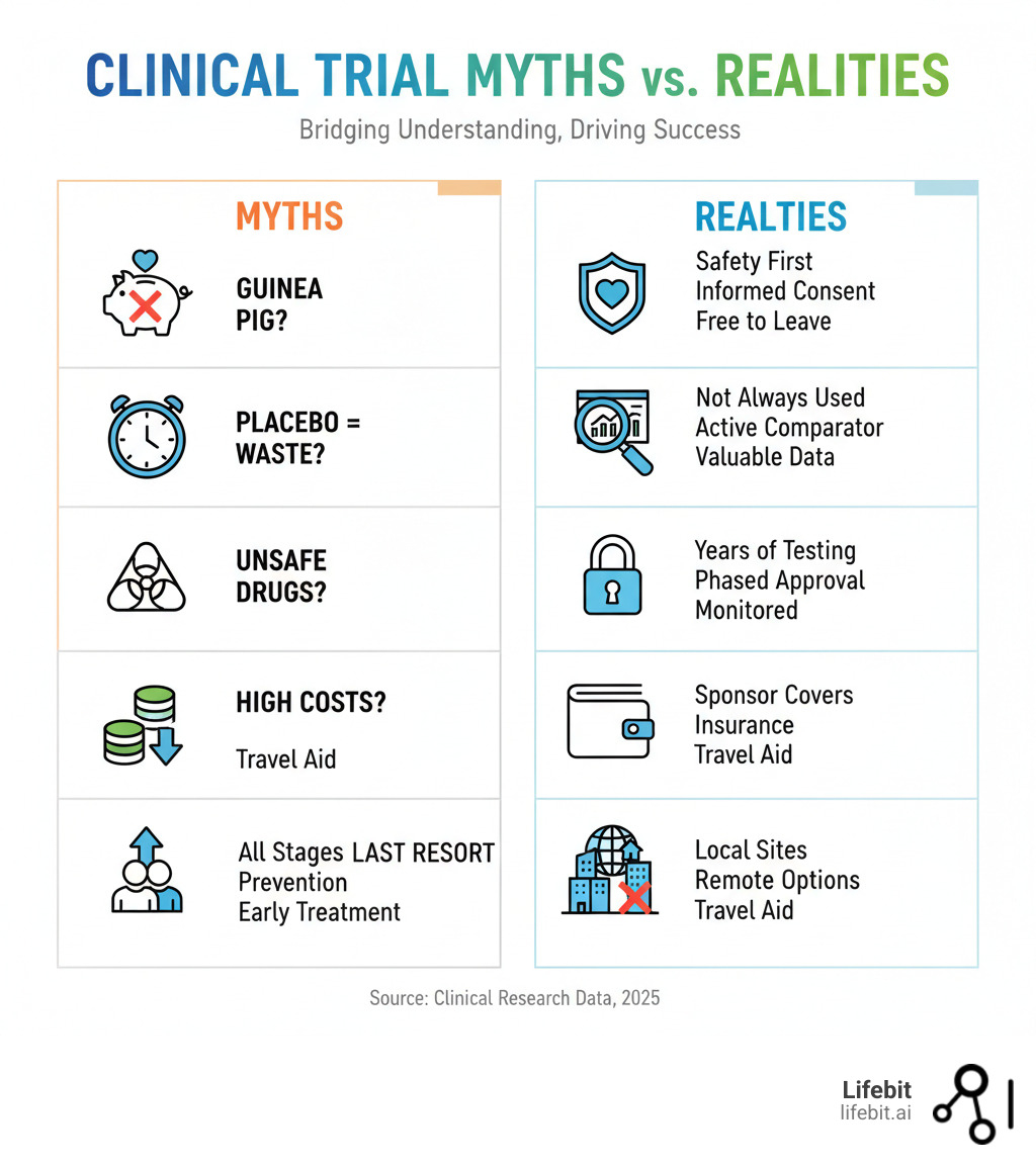Table comparing common clinical trial myths with realities, showing myths like 'guinea pig', 'placebo is a waste of time', 'unsafe drugs', 'high costs', 'only for last resort' and their factual realities - clinical trial patient support infographic 