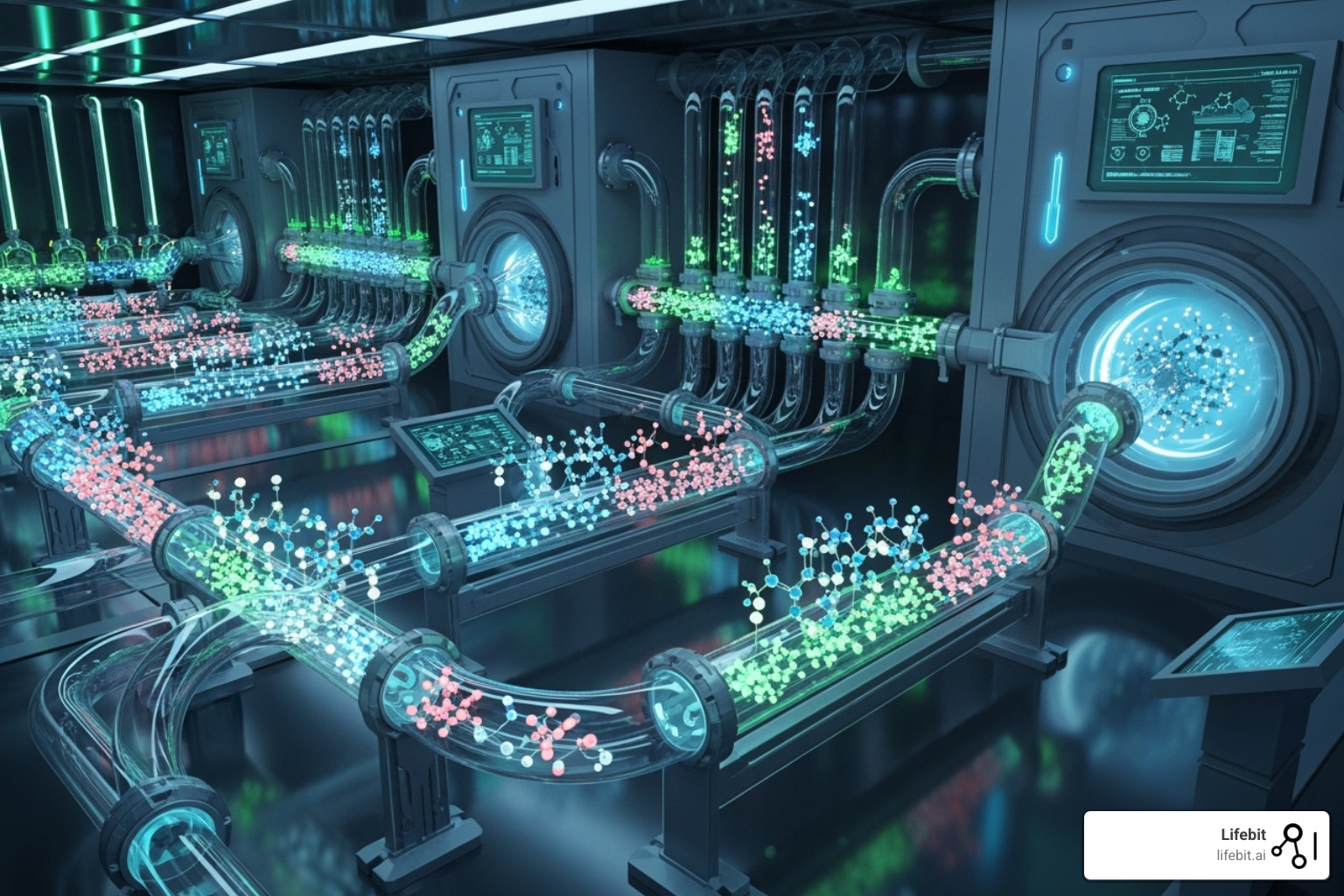 Futuristic drug development pipeline graphic showing multiple drug candidates - GLP-1 clinical trials