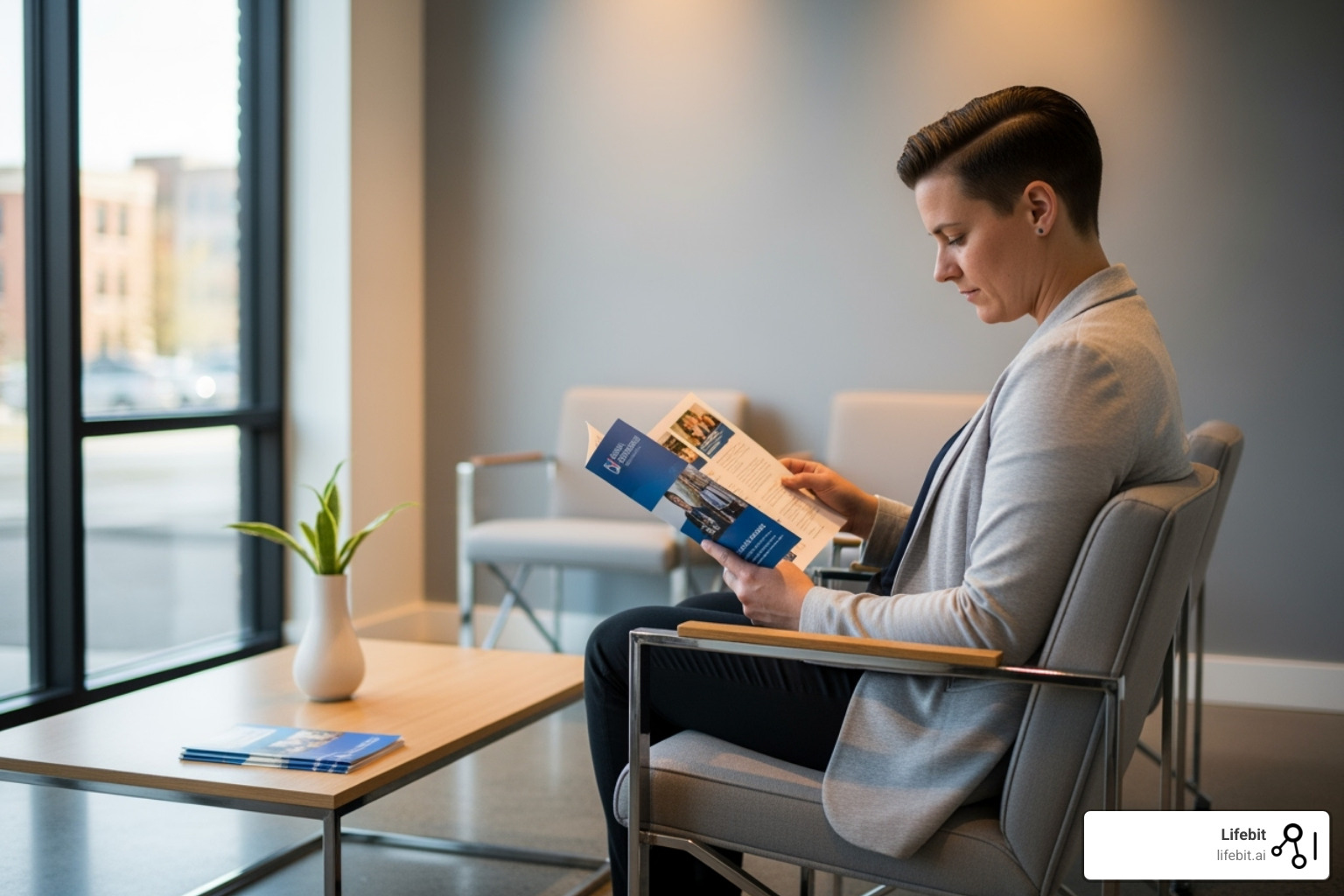 person reading brochure in waiting room - clinical trial