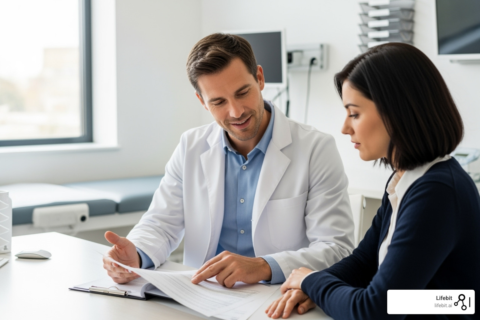 doctor explaining document to patient - clinical trial