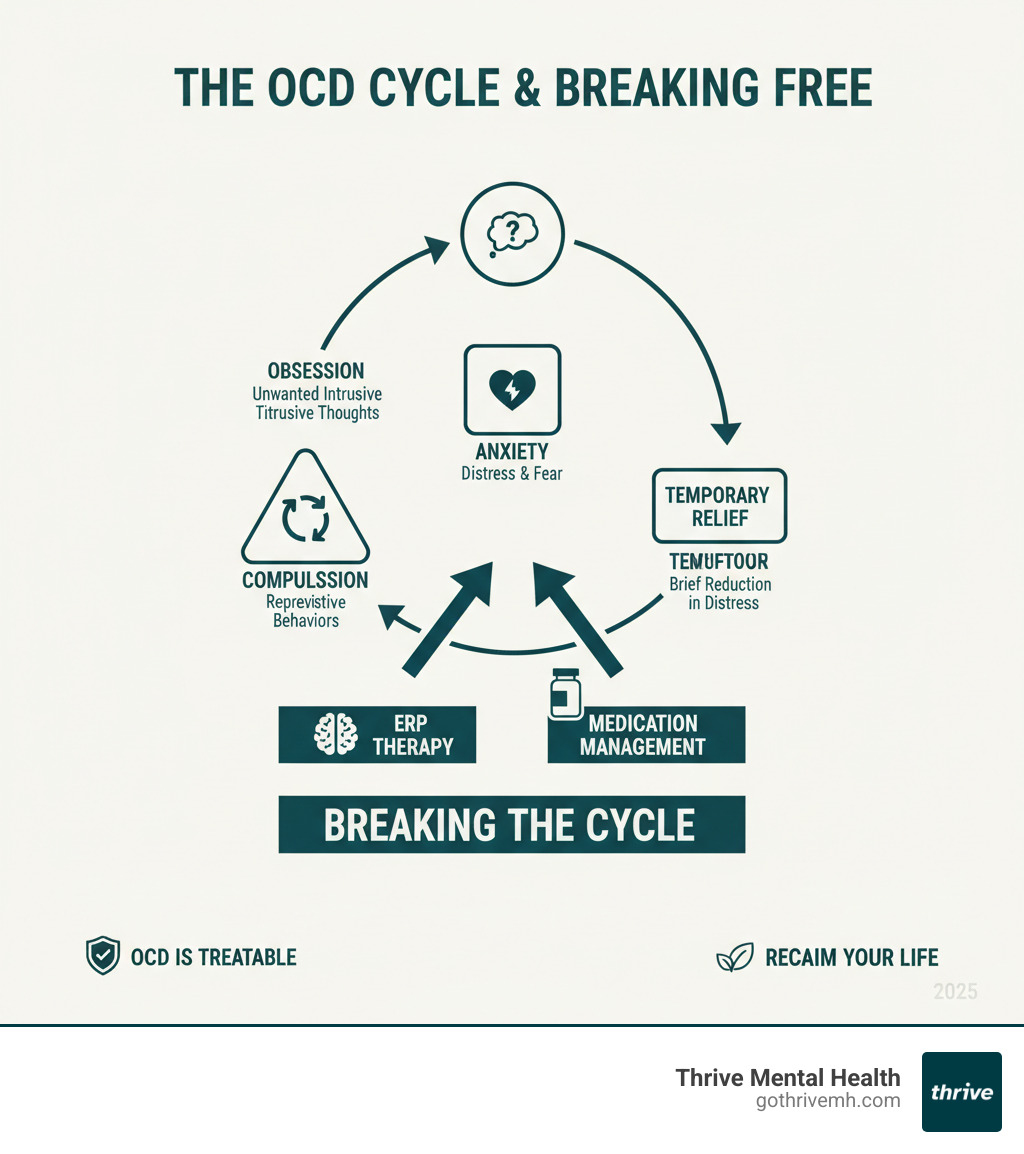 Comprehensive infographic showing the OCD treatment cycle: Starting with Obsession (unwanted intrusive thoughts), leading to Anxiety (distress and fear), then Compulsion (repetitive behaviors to reduce anxiety), followed by Temporary Relief (brief reduction in distress), which cycles back to more Obsessions. Treatment breaks this cycle through ERP therapy and medication management - how to treat ocd infographic Comprehensive infographic showing the OCD treatment cycle: Starting with Obsession (unwanted intrusive thoughts), leading to Anxiety (distress and fear), then Compulsion (repetitive behaviors to reduce anxiety), followed by Temporary Relief (brief reduction in distress), which cycles back to more Obsessions. Treatment breaks this cycle through ERP therapy and medication management - how to treat ocd infographic