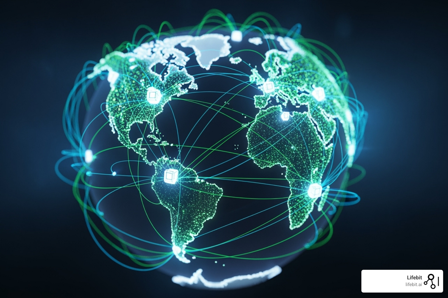 World map with interconnected data nodes - Clinical data sharing