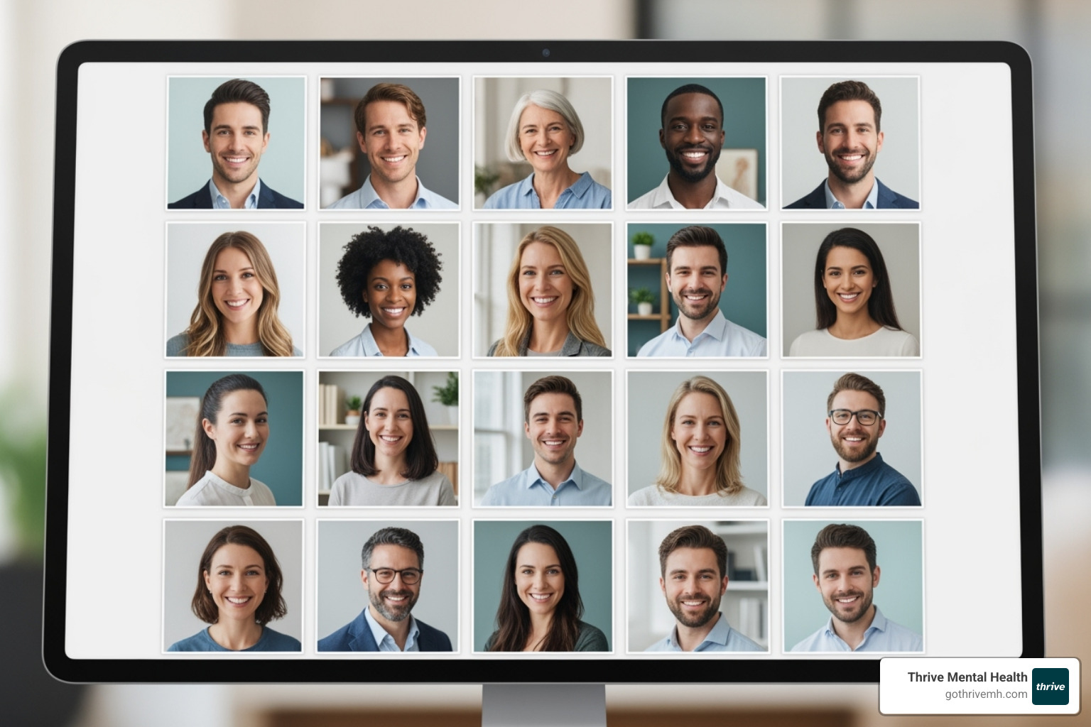 A screen displaying a mosaic of diverse therapist profile pictures, suggesting a wide selection of mental health professionals. - Online therapy Indiana