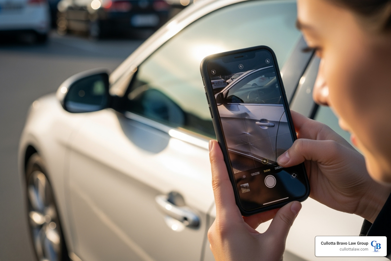 Driver taking photos of car damage with a smartphone - aurora il car accident lawyer Driver taking photos of car damage with a smartphone - aurora il car accident lawyer