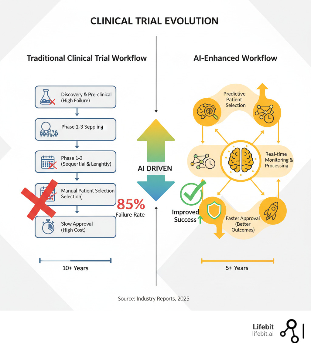 Infographic comparing traditional clinical trial workflow (lengthy, sequential phases with high failure rates) versus AI-improved workflow (parallel processing, predictive patient selection, real-time monitoring, and adaptive trial design leading to faster approvals and better outcomes) - AI-driven clinical trials infographic 