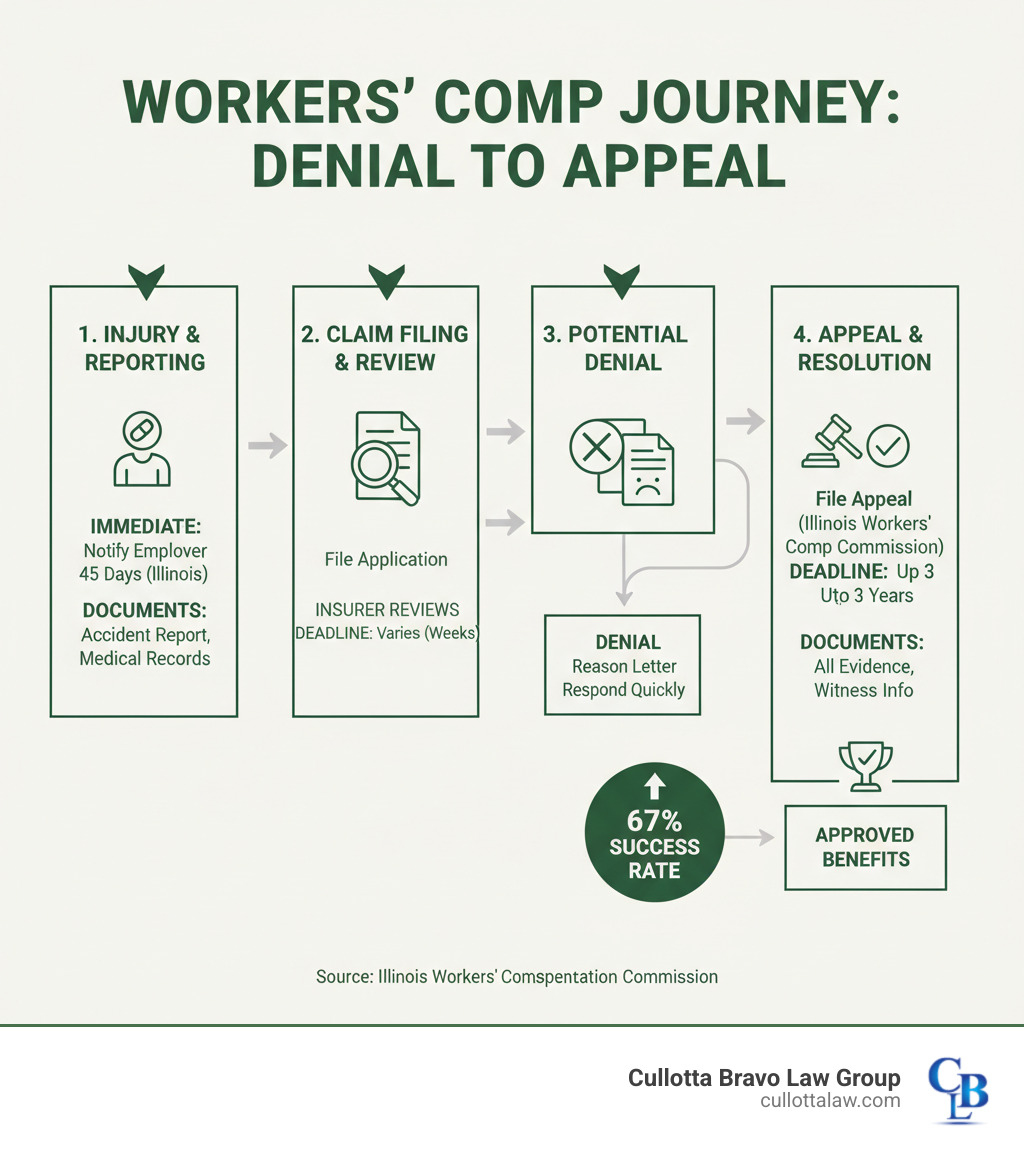 Infographic showing the workers compensation process from injury reporting through potential denial to successful appeal, including key deadlines and required documentation at each stage - Denied workers comp infographic 