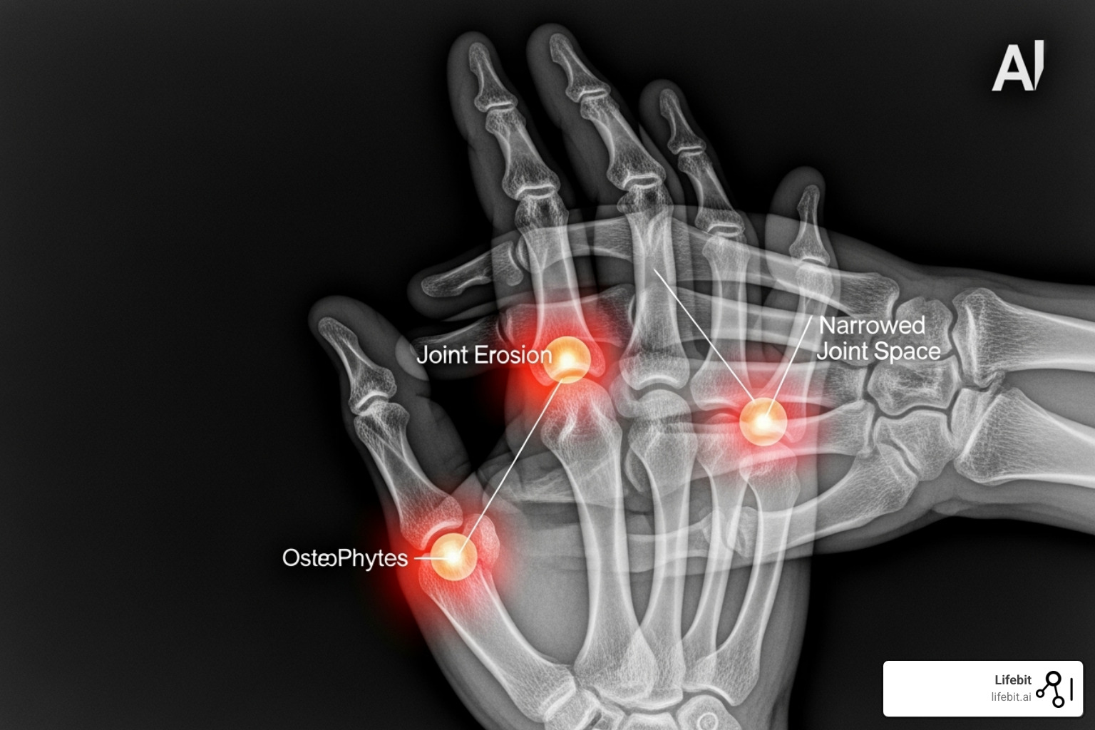 radiographic hand X-ray with AI-highlighted joint damage - precision medicine data analysis