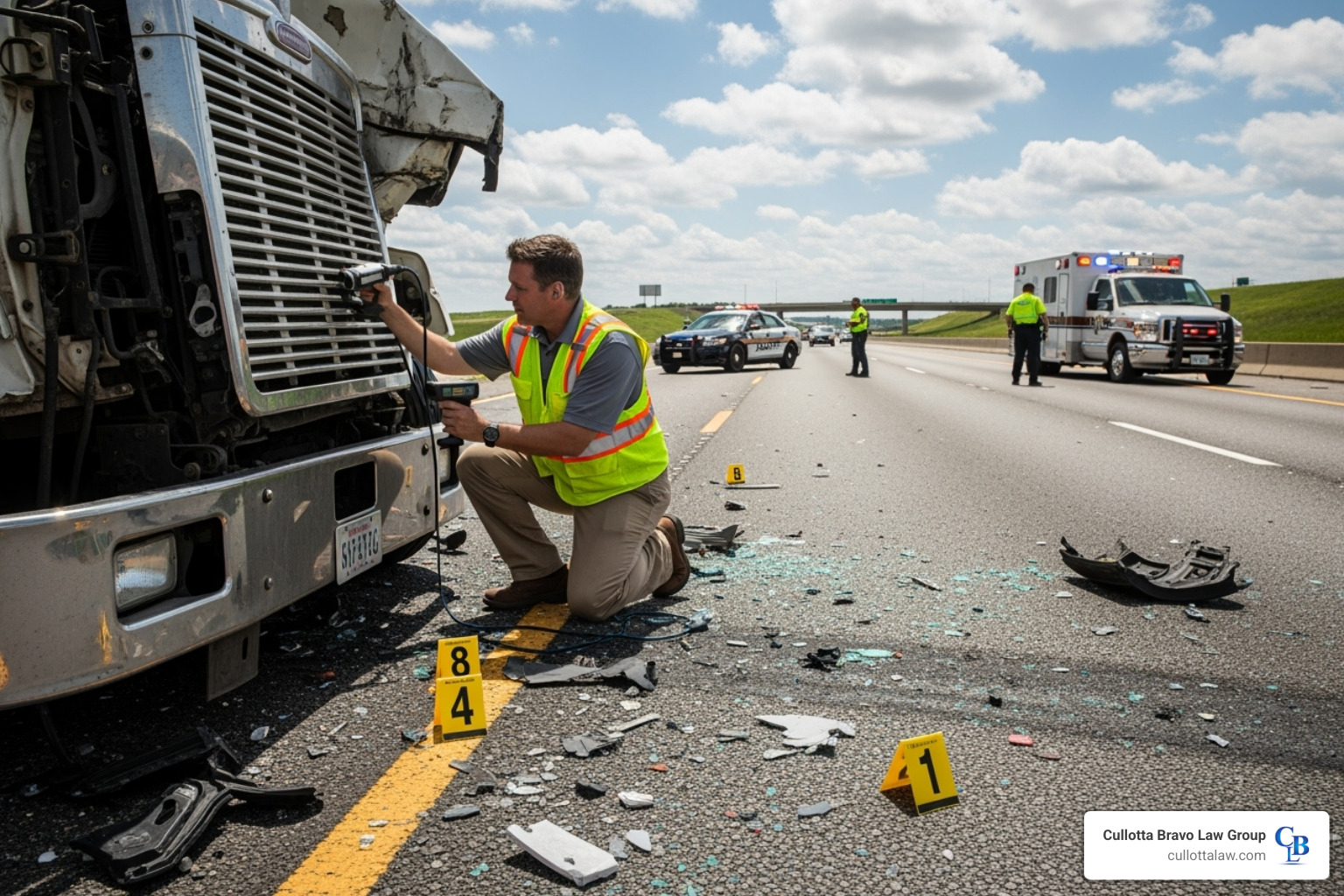 accident reconstructionist examining a crash scene - Truck accident legal advice
