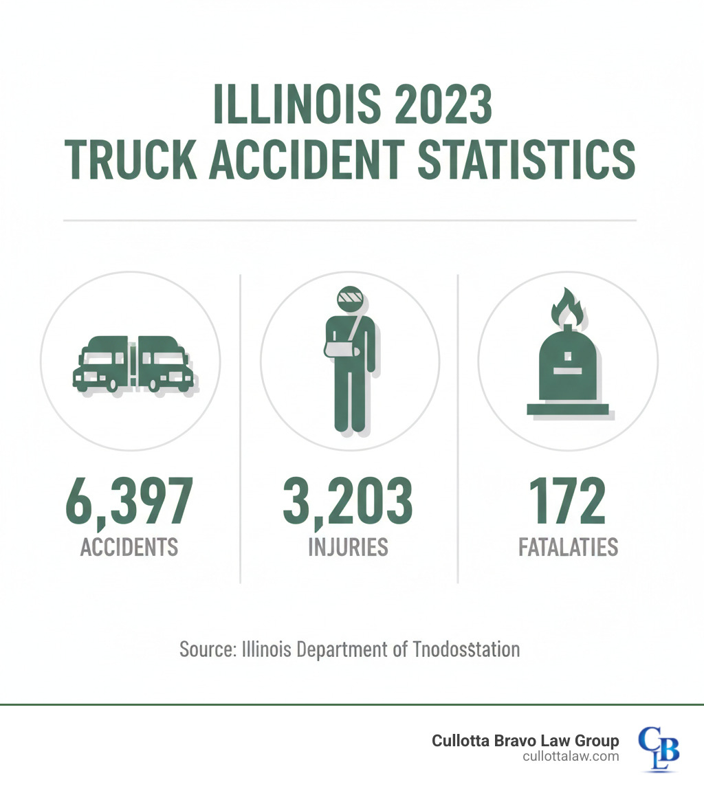 Illinois 2023 truck accident statistics: 6,397 accidents, 3,203 injuries, 172 fatalities - Illinois truck accident attorney infographic Illinois 2023 truck accident statistics: 6,397 accidents, 3,203 injuries, 172 fatalities - Illinois truck accident attorney infographic
