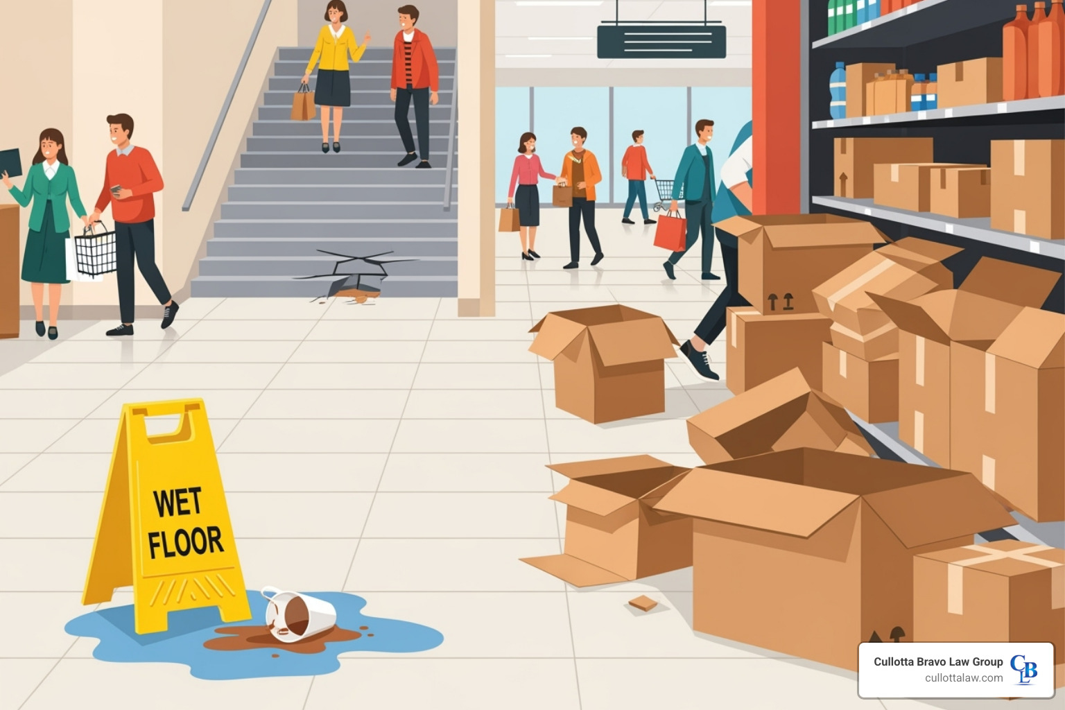 illustration of common slip and fall hazards like a cluttered aisle, a wet floor, and a broken step - Slip and fall