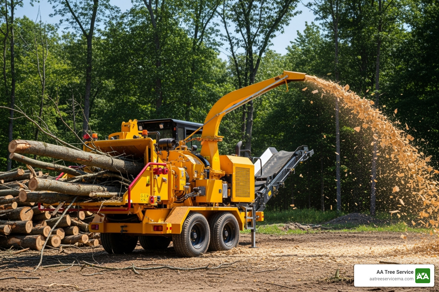 Large wood chipper processing branches - professional tree debris removal