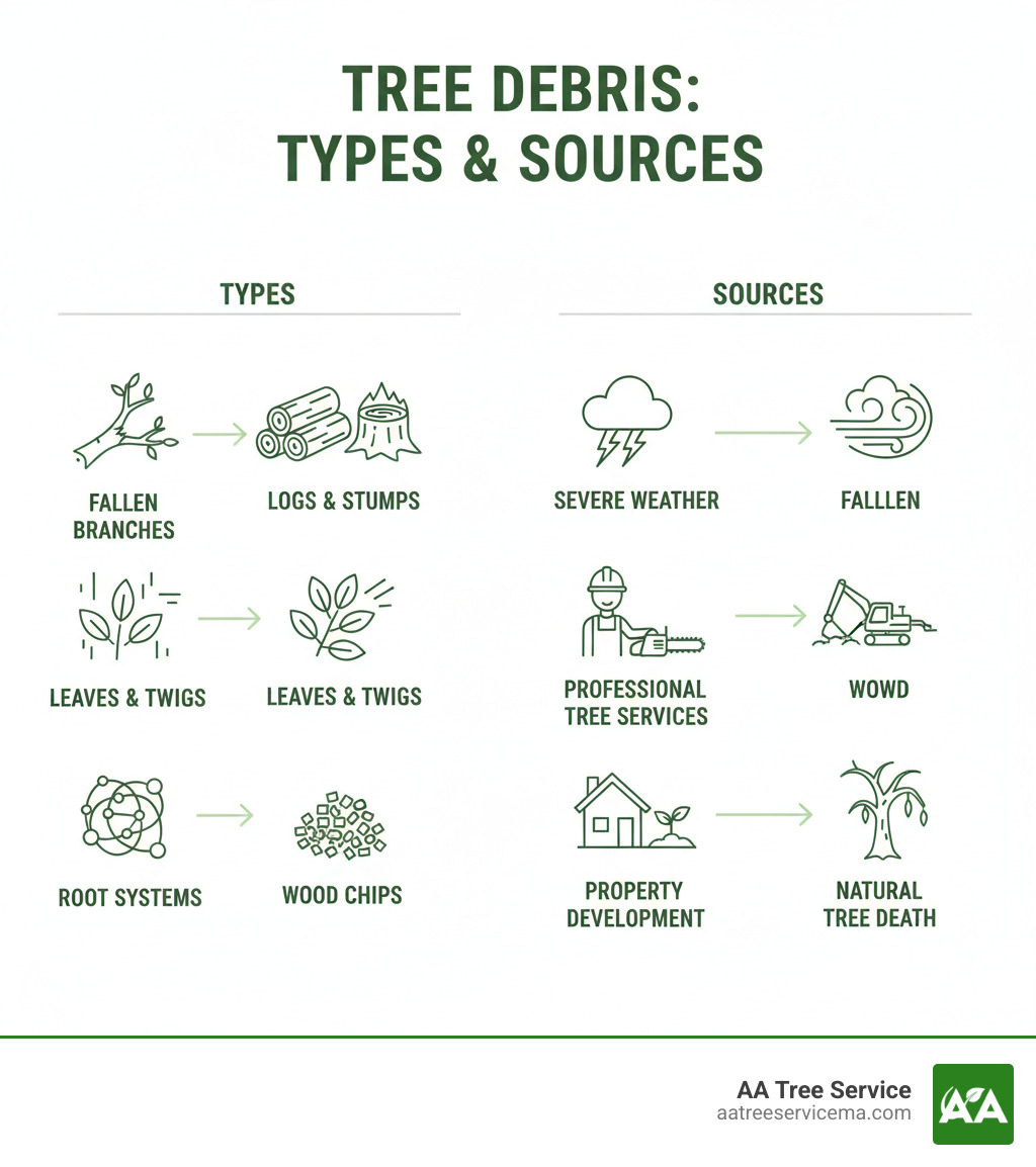 Infographic showing types of tree debris including fallen branches from storms, logs and stumps from tree removal, scattered leaves and twigs, wood chips from cutting, and root systems from land clearing, with sources being severe weather, professional tree services, property development, and natural tree death - professional tree debris removal infographic 