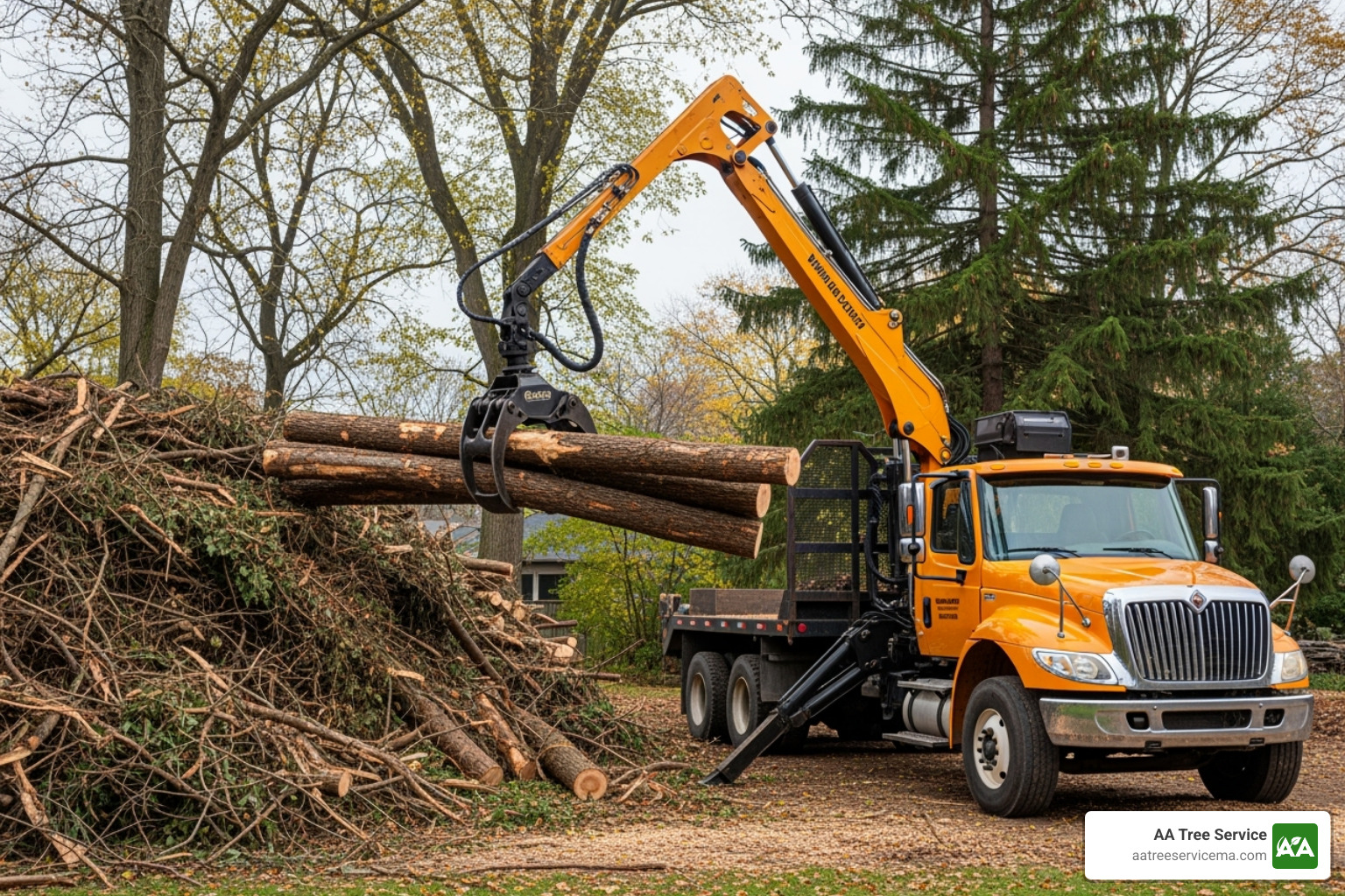 Professional crew using a grapple truck to lift large logs - professional tree debris removal