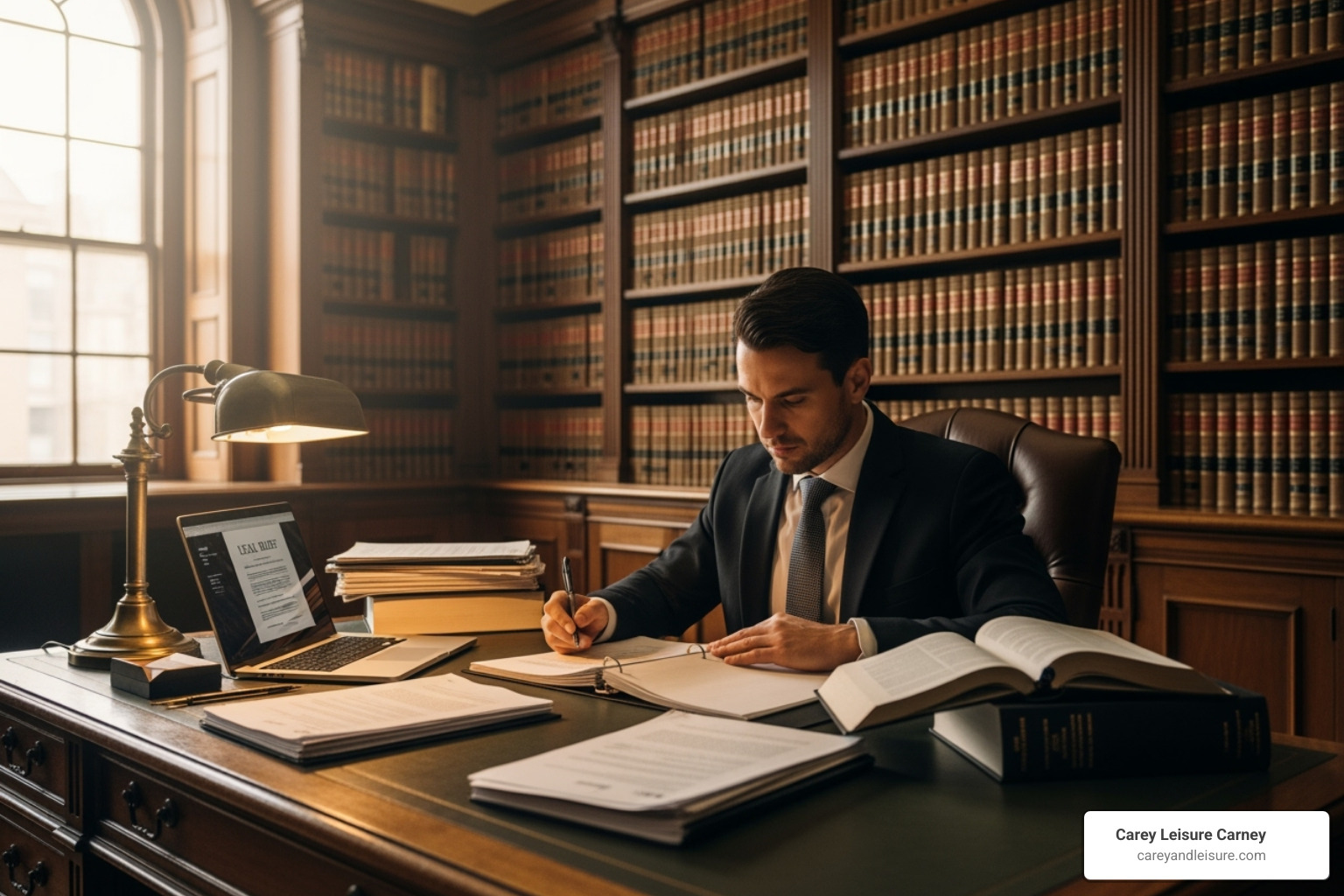attorney reviewing documents in a law library - wrongful death attorney