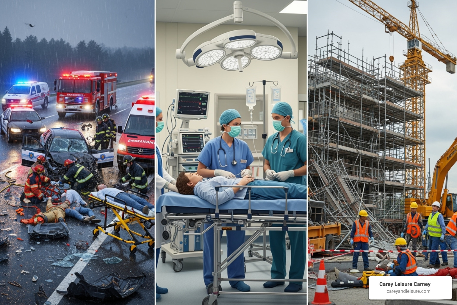 collage of different accident scenes (car crash, hospital, construction site) - wrongful death attorney
