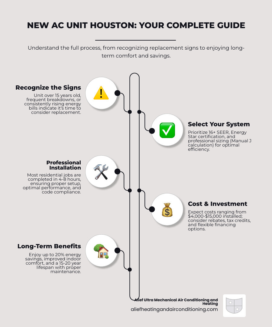 Comprehensive infographic showing the complete process of new AC unit installation in Houston, including warning signs for replacement (15+ year old unit, frequent repairs, rising energy bills), system selection factors (SEER ratings 16+, proper sizing with Manual J calculation, Energy Star certification), installation timeline (4-8 hours for most residential jobs), cost ranges ($4,000-$15,000), and long-term benefits (20% energy savings, improved comfort, 15-20 year lifespan with maintenance) - new ac unit houston infographic infographic-line-5-steps-neat_beige Comprehensive infographic showing the complete process of new AC unit installation in Houston, including warning signs for replacement (15+ year old unit, frequent repairs, rising energy bills), system selection factors (SEER ratings 16+, proper sizing with Manual J calculation, Energy Star certification), installation timeline (4-8 hours for most residential jobs), cost ranges ($4,000-$15,000), and long-term benefits (20% energy savings, improved comfort, 15-20 year lifespan with maintenance) - new ac unit houston infographic infographic-line-5-steps-neat_beige