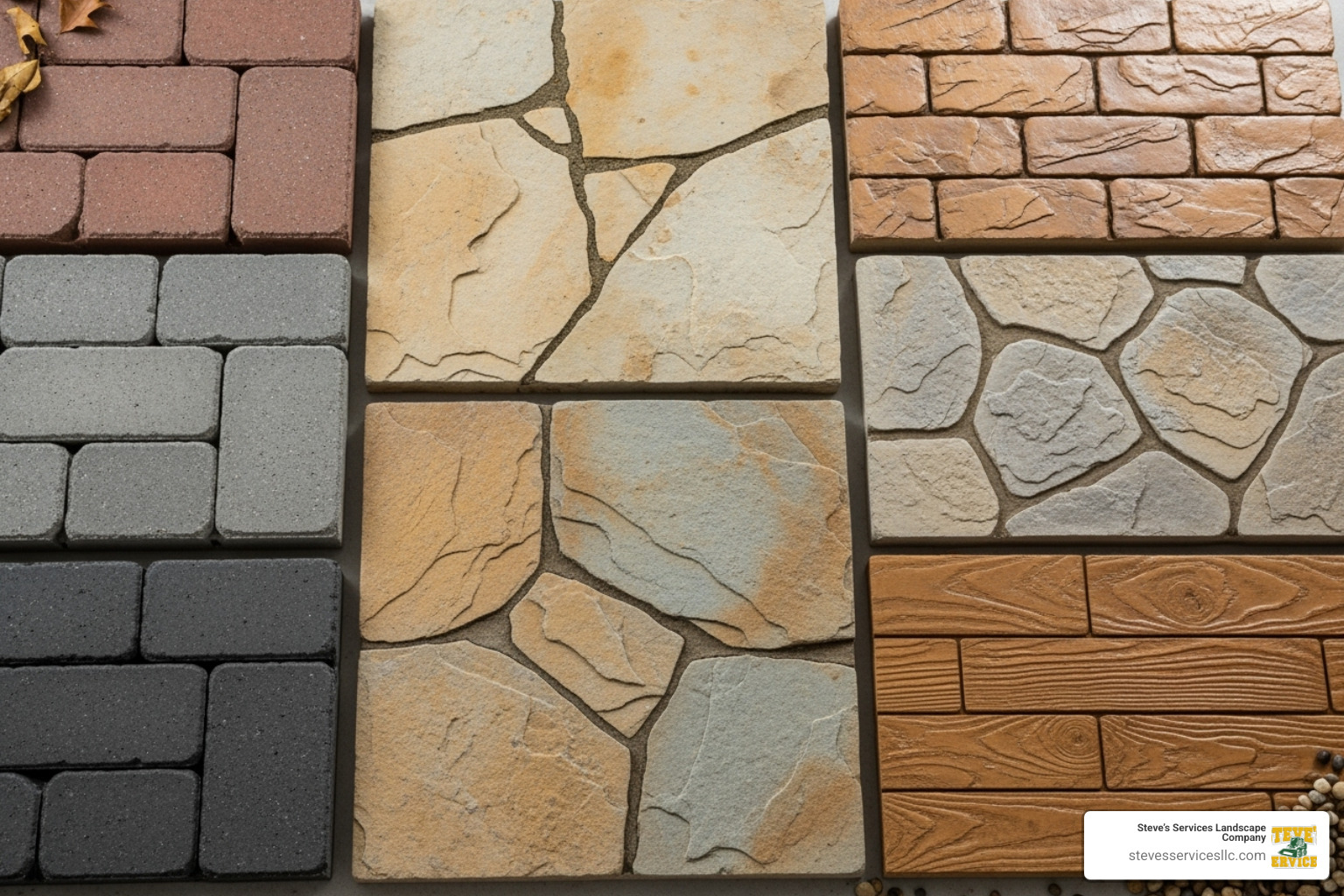 different patio material swatches including pavers, natural stone, and stamped concrete - Patio design Burlington MA