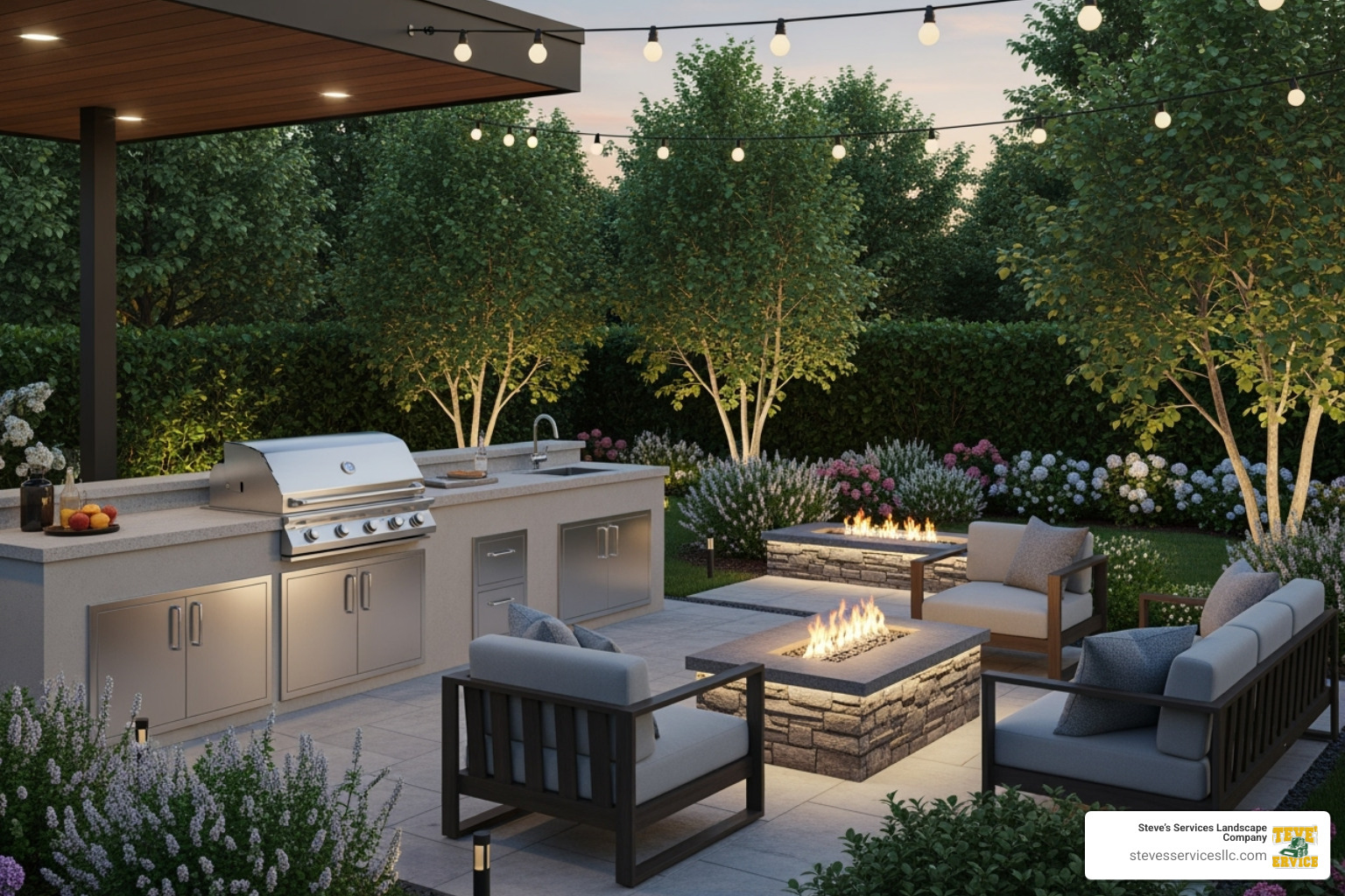 3D landscape design rendering showing a patio with an outdoor kitchen and fire pit - Patio design Burlington MA